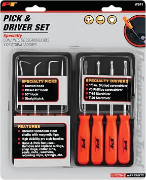 Performance Tool W941 8-Piece Specialty Pick/Driver Set, Precision Pick & Hook Set with Scraper