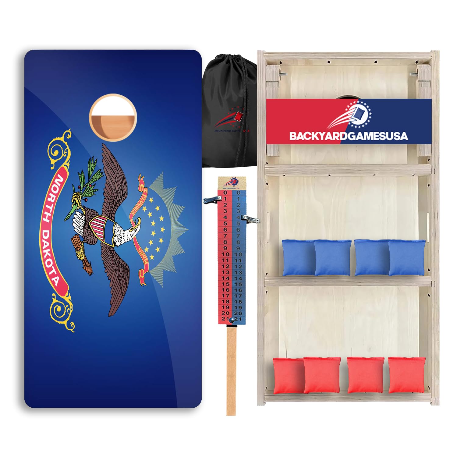 CornholeGamesUSA Pro Cornhole Boards Set | Made in USA | 3/4 Baltic Birch | No Bounce | Triple Thick Legs | Two Brace & Handles, Tournament 2x4 Regulation Set with Score Tower & Cornhole Bags