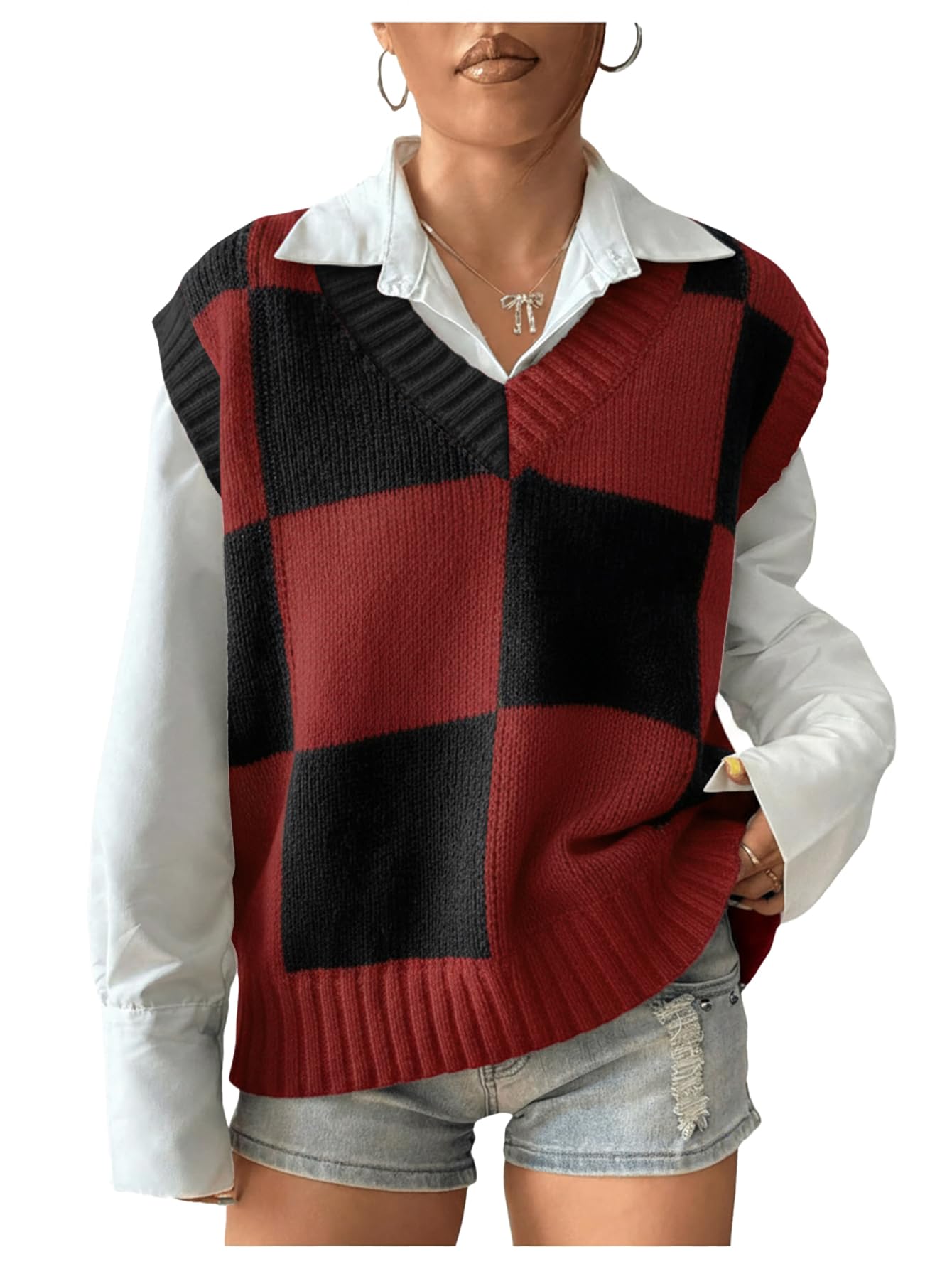 Verdusa Womens Checkered Sweater Vest Old Money Knit Tops 2025 Fall Trendy Cap Sleeve Sweater Vest
