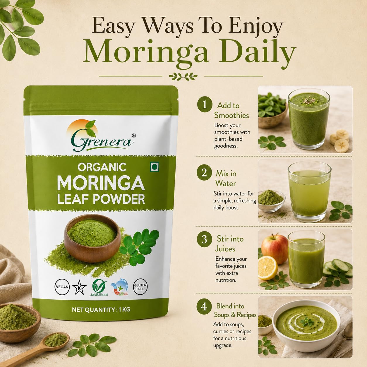 Grenera Organic Moringa Leaf Powder 1 kg, Drumstick Leaf Powder, Pure Shigru for Healthy Life, Organic Certified, No Chemicals or Preservatives 2