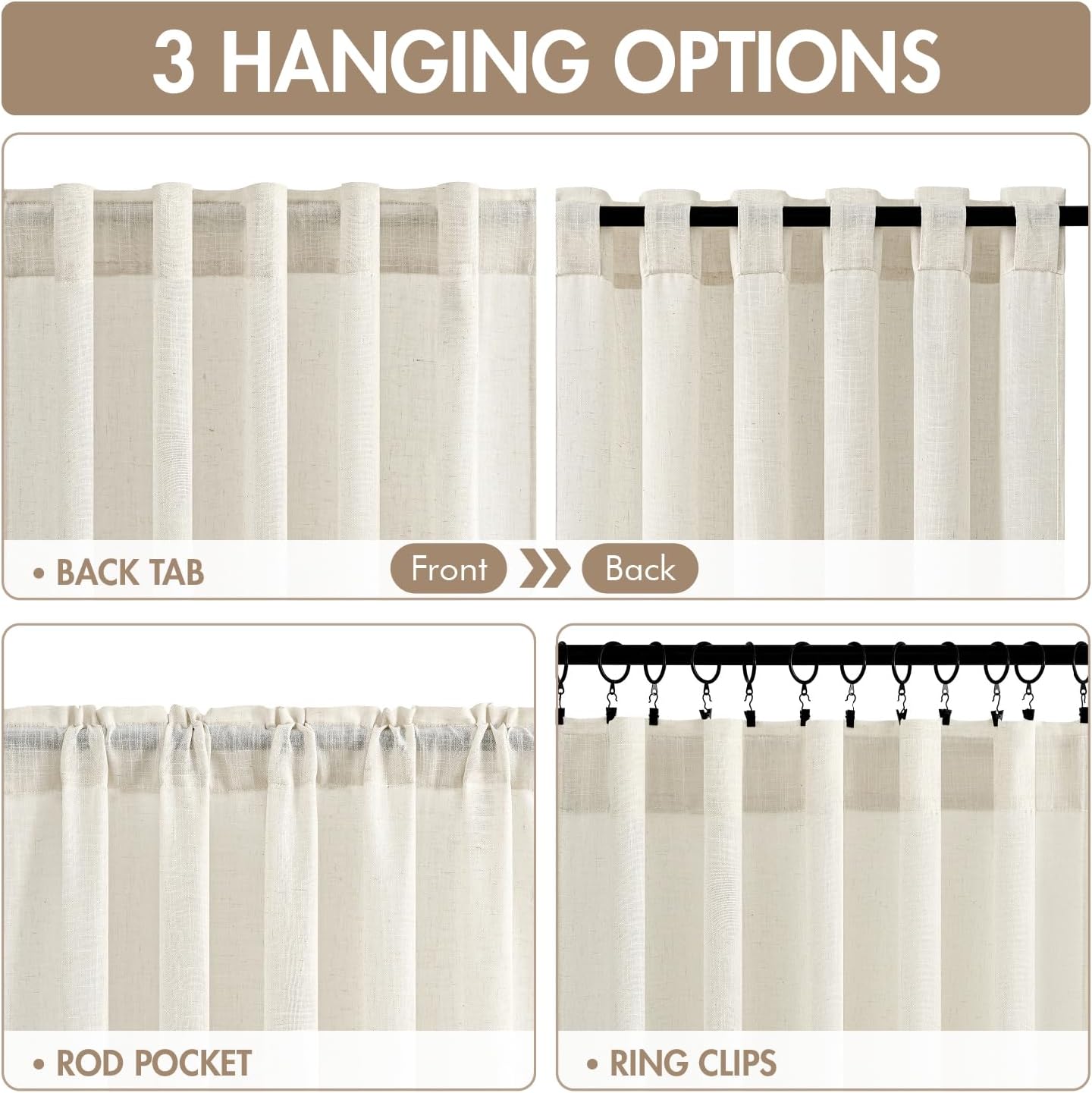 MIULEE Natural Linen Curtains 90 Inch Long 4 Panels Light Filtering Window Drapes with Rod Pocket Back Tab for Living Room Bedroom Farmhouse Decor 42" W x 90" L Inches