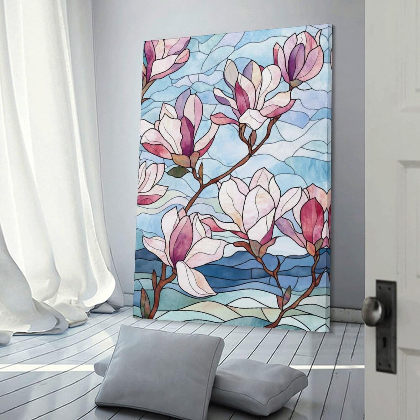 Junmoney Frame-Style-14 Stained Glass Magnolia Flowers Canvas Wall Art, 16X24inch(40X60cm), For Wall Displays, Bedrooms Or Room Updates, Ideal For Building A Coordinated Art Wall