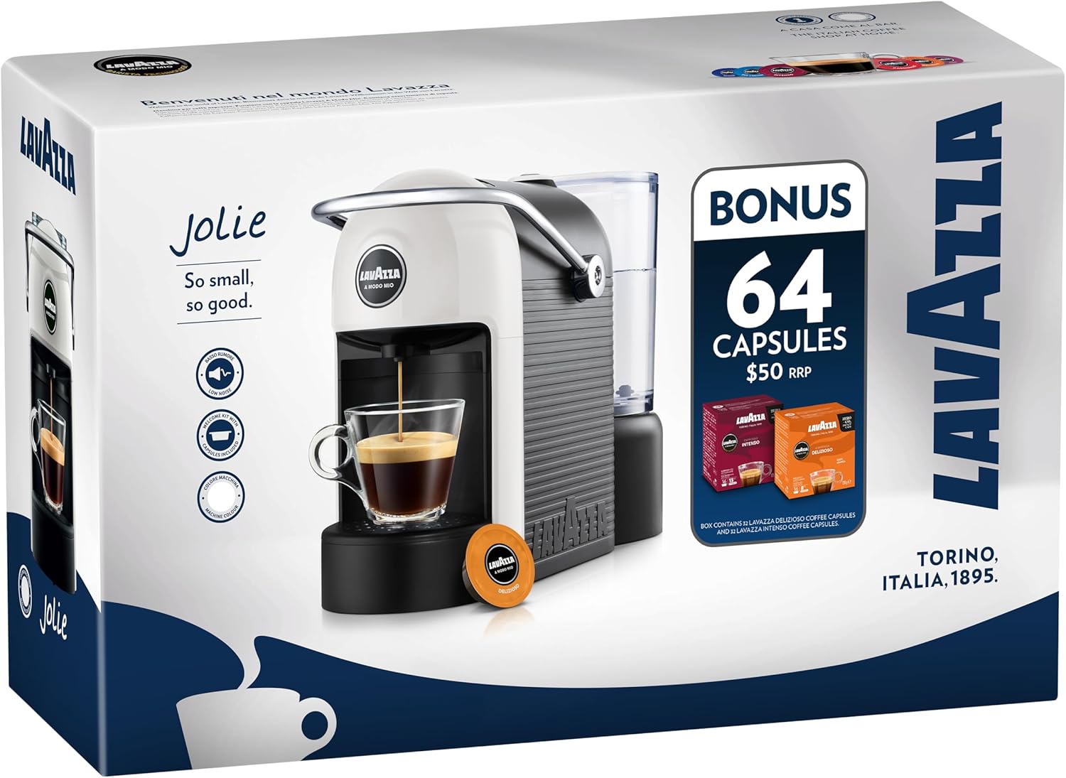 Lavazza, A Modo Mio Jolie, Coffee Capsule Machine, with 64 Coffee Pods