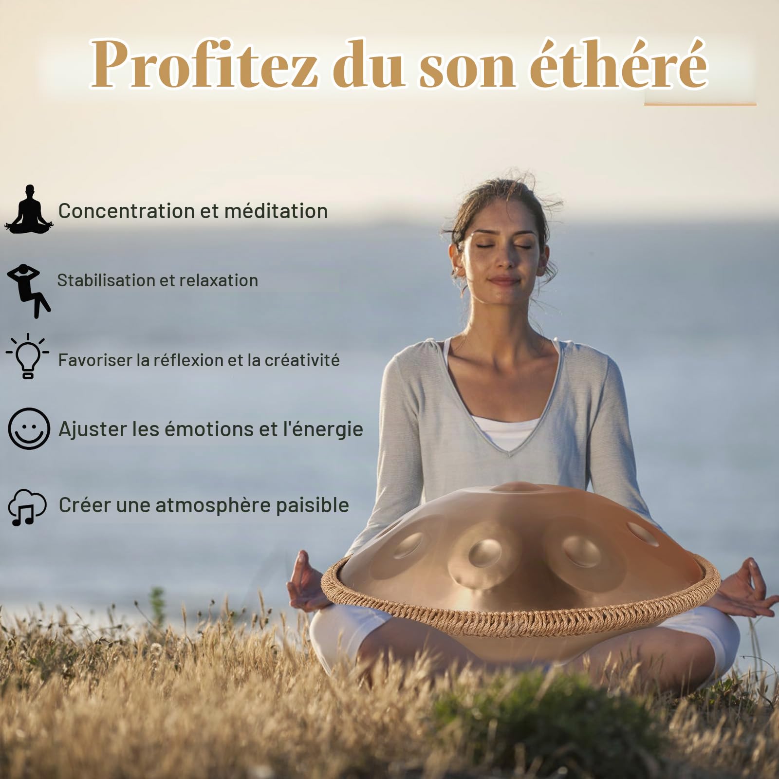 Zannefoo Handpan Drum, Or Steel Hand Pan Tongue Drum D Minor 22 Pouces 10 Tons 432 Hz pour Yoga, Méditation avec Sac à dos, Maillets, Support de Batterie, Chiffon