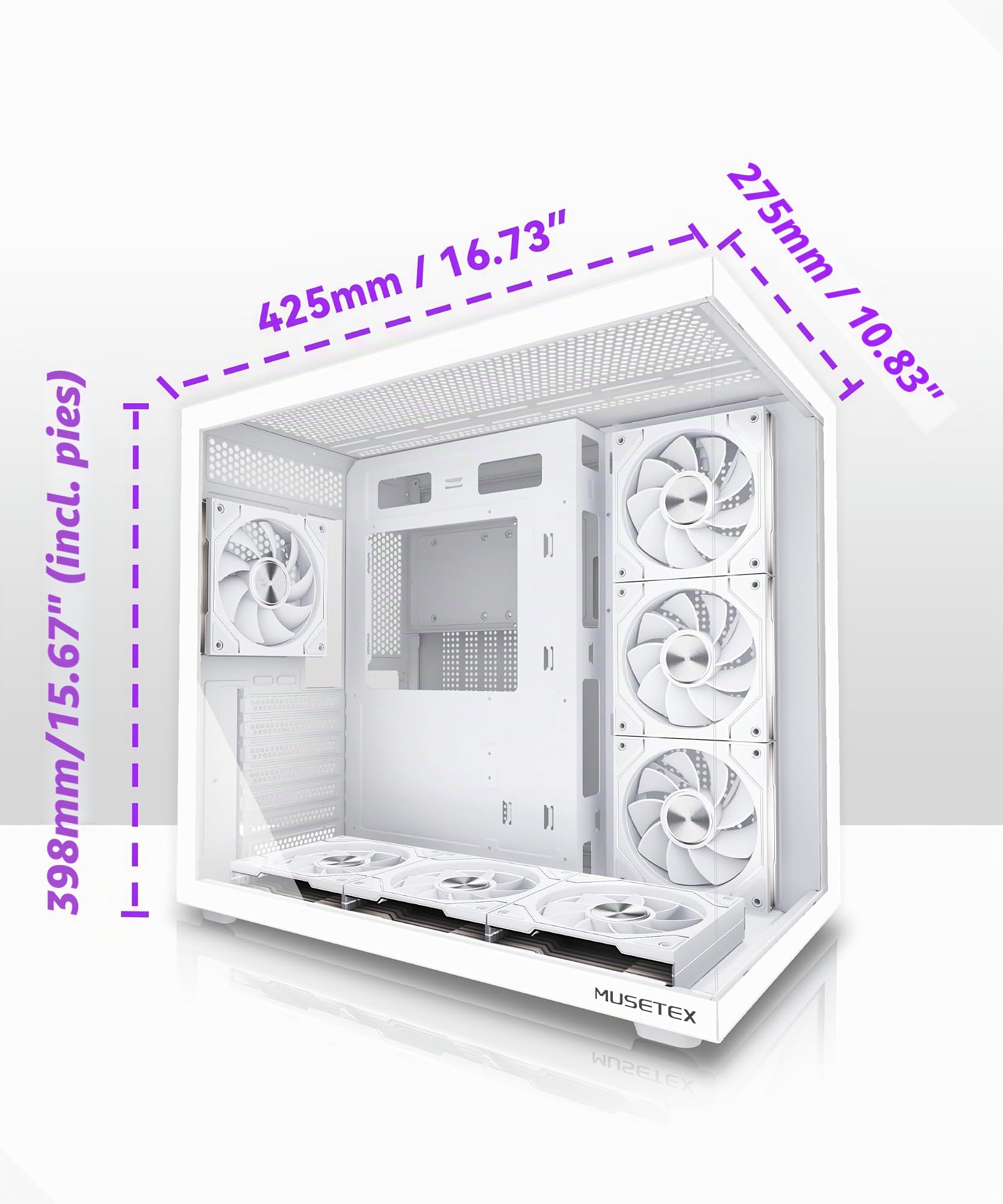 MUSETEX Y6 Caja PC ATX Torre Mediana, 7 Ventiladores PWM ARGB Espejo Infinito, Tipo-C, Cristal Templado 270°, Blanco