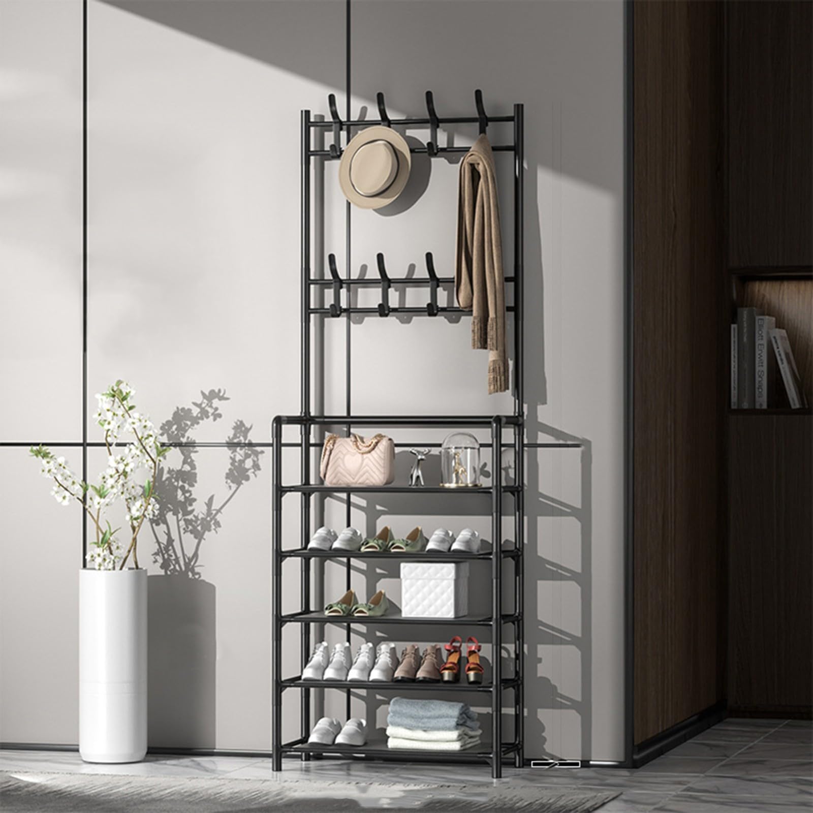MYUYEE Coat Rack And Shoe Rack Entryway Coat Rack 5-Tier Entryway Coat Rack Entryway Bench Storage Orga With 8 Hooks Black, 60Cm(Schwarz-60Cm)
