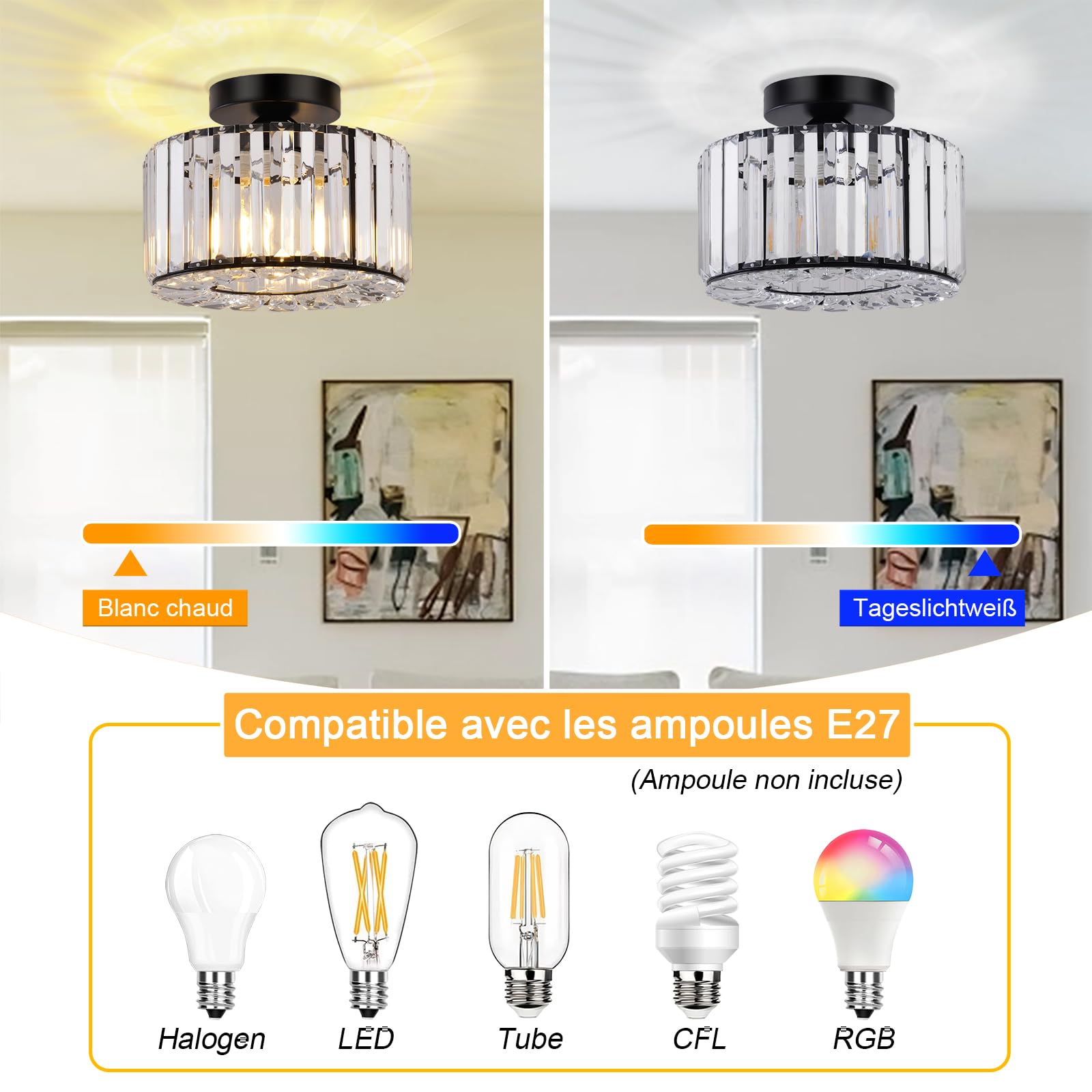 Plafonnier en Cristal, Plafond Moderne Noir, Luminaire E27 Lustre Semi-Encastré pour Salon, Chambre, Cuisine, Salle à Manger, Couloir, Salle de Bain, Hall d'entrée, Bar
