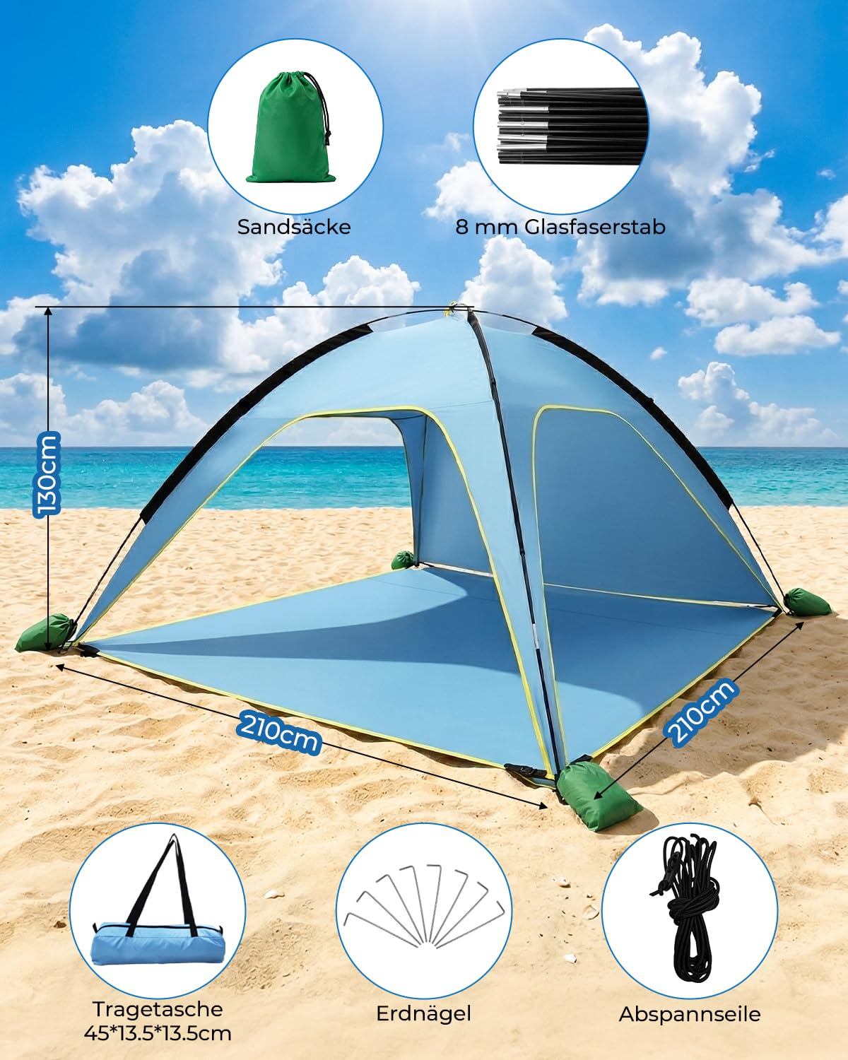 MYMULIKE UV50+ namiot plażowy, ochrona przed słońcem, 210 x 210 x 130 cm, dla 4-6 osób, poliester 190T, z drążkami z włókna szklanego 8 mm, przenośny, z workami z piaskiem / śledziami plażowymi