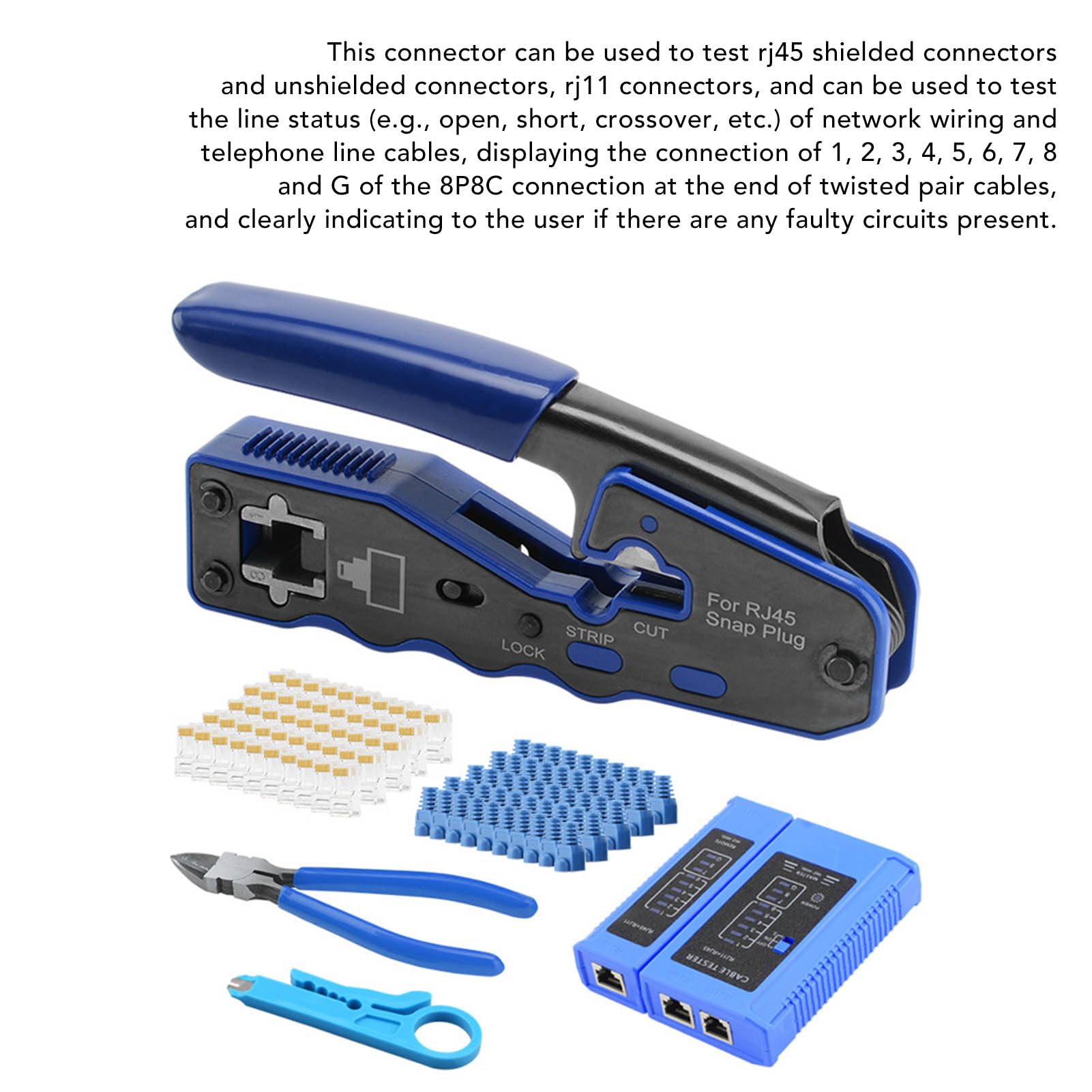 Crimpatrice passante RJ45 Crimpatrice passante con testa in cristallo RJ45 Cat6 e copertura protettiva Tester per cavi Spellafili per test dei cavi di rete
