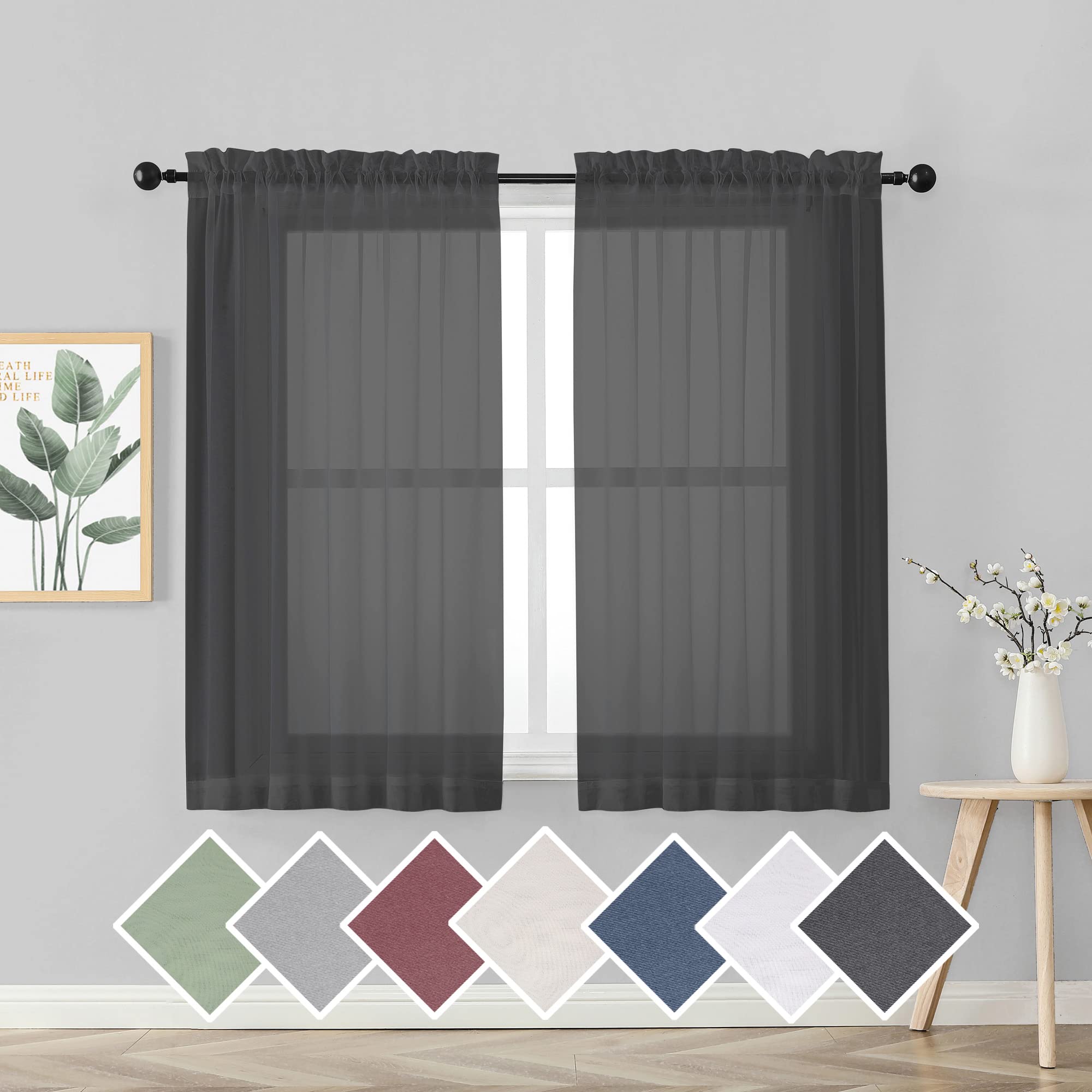 OVZME 45 Inches Length Black Sheer Curtains for Small Windows Rod Pocket 2 Panels Set, Lightweight & Breathable & Soft Touching Voile Panels for Kitchen, Each 42" Wx45 L, Black — image 1