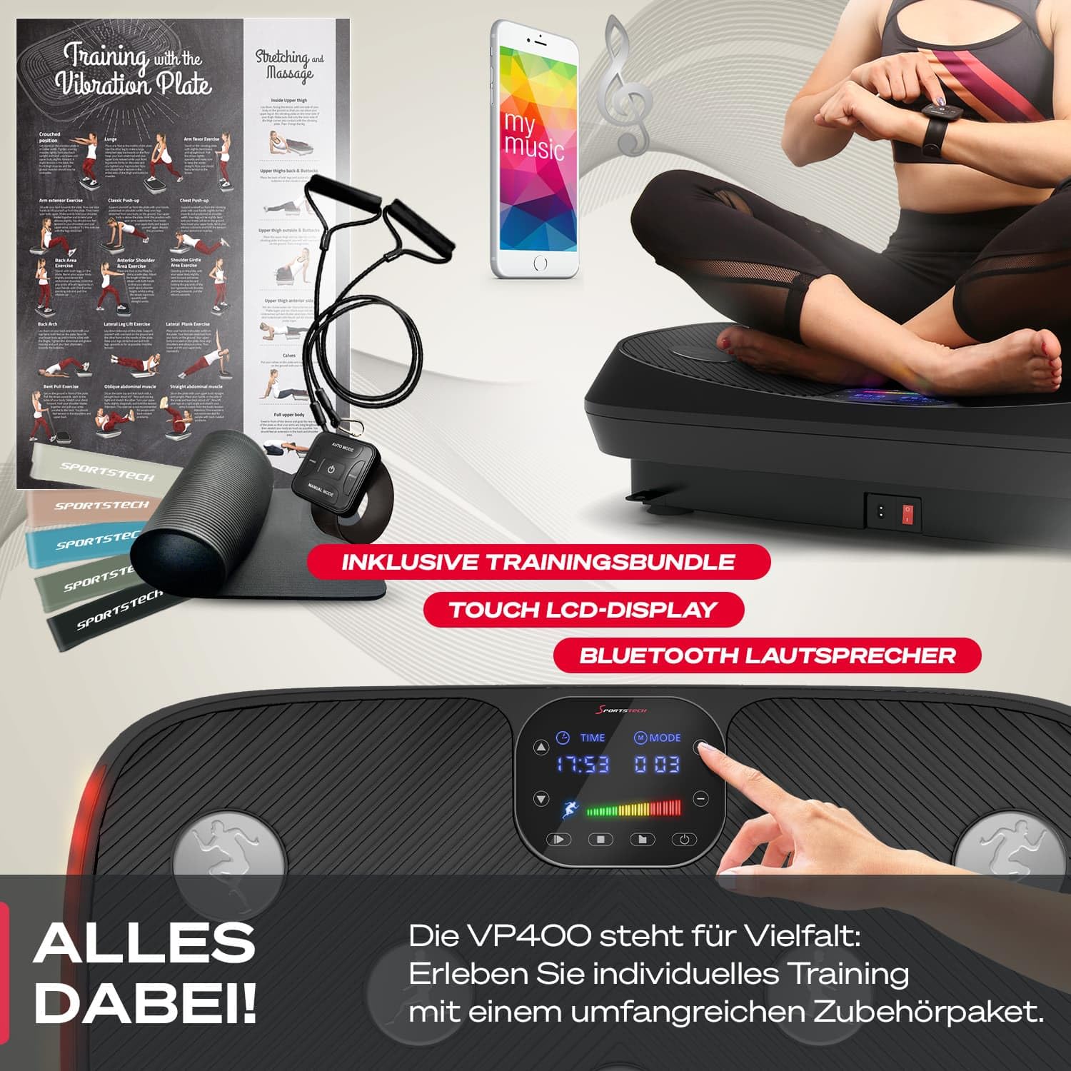 Sportstech 4D Vibrationsplatte für Zuhause, VP400 und sVibe, Smart LED, Trainingsbänder und Ropes, Abnehmen, Ganzkörpertraining, Muskelaufbau, 120 kg belastbar, Fitness Training