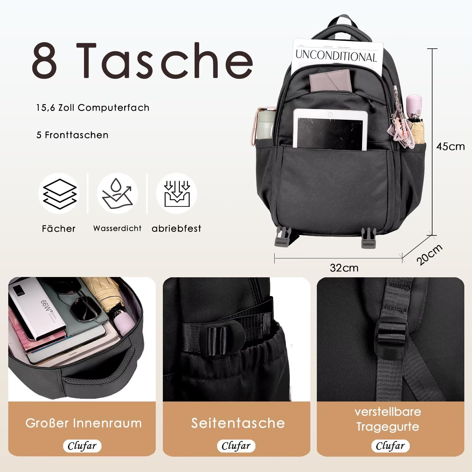 Sac a dos College Fille avec Pendentif Imperméable Nylon,Noir