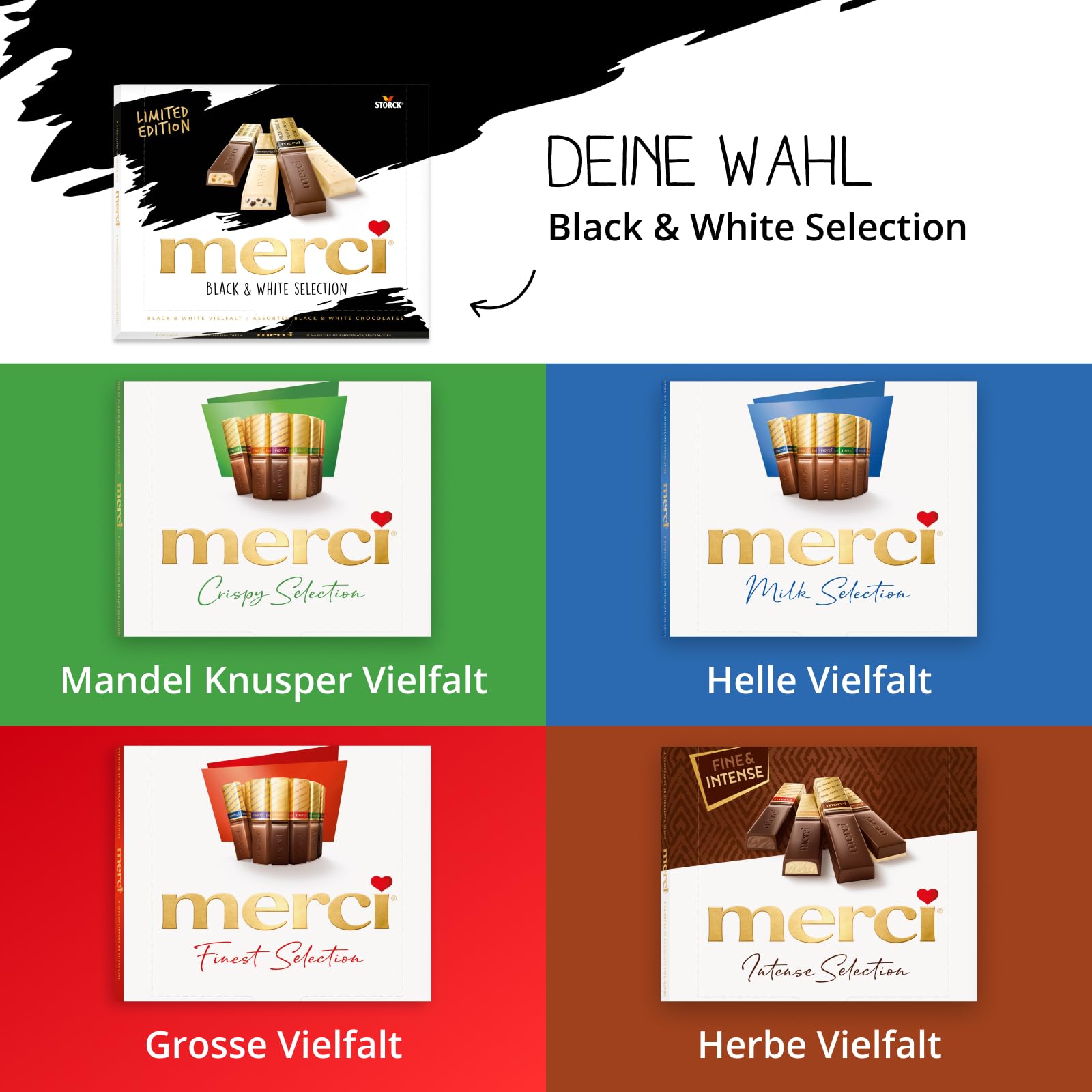 merci Finest Selection Black and White Vielfalt – 1 x 240 g – Erlesene Schokoladen-Spezialitäten – Gefüllte und nicht gefüllte Pralinen Limited Edition