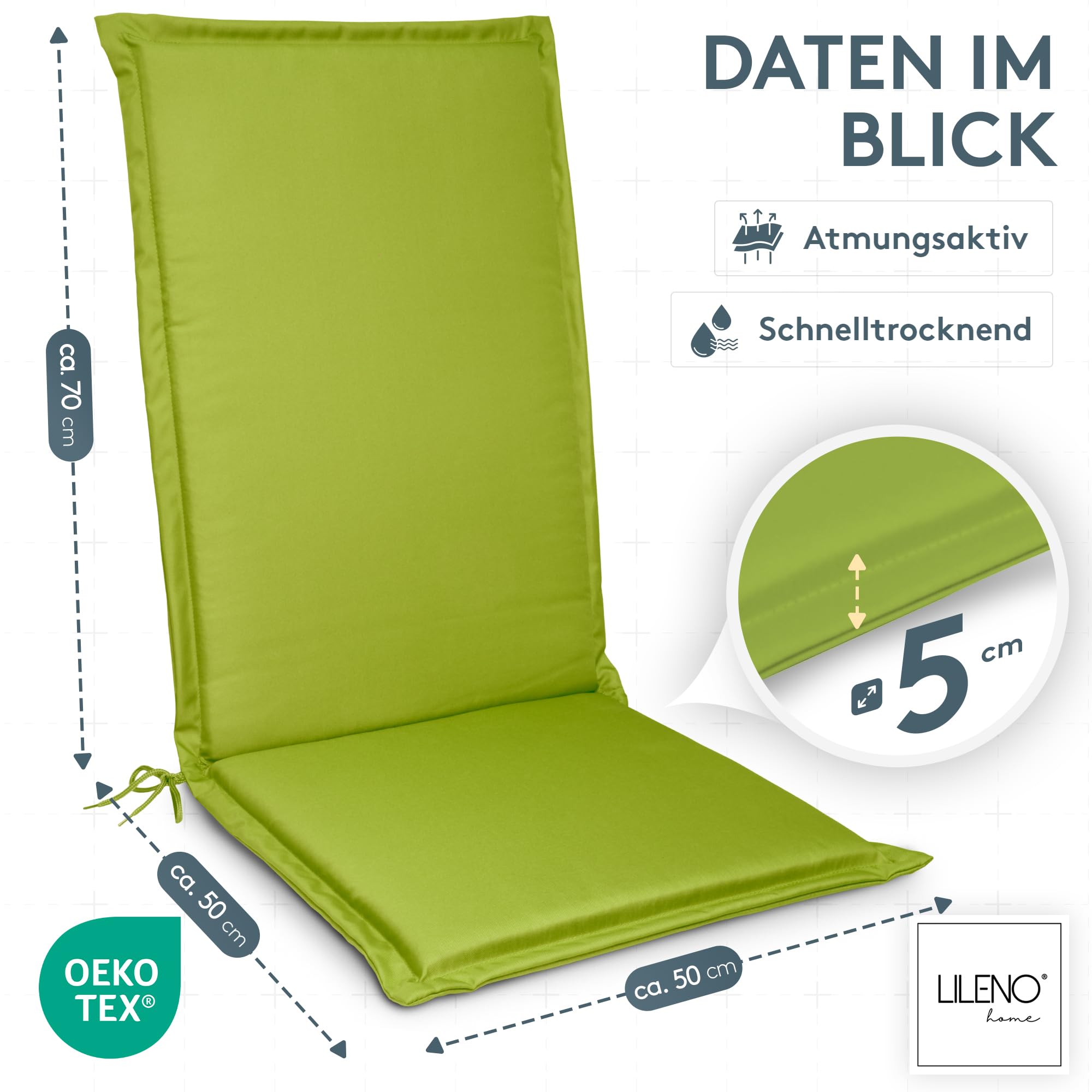 LILENO HOME Gartenstuhl Auflagen [4er Set - Hochlehner] in Apfelgrün - Bequeme Liegen als Sitzauflagen für Gartenmöbel - Stuhlkissen für Gartenstühle und Klappstühle MIA