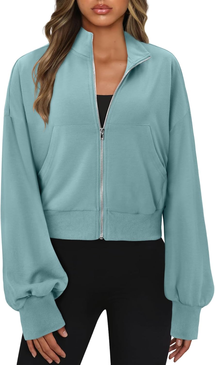 CRAZY GRID Womens Fashion Full Zip Up Jacket Comfy Long Sleeve Cropped Gym Top Solid Color Outfits with Pockets - Image 3