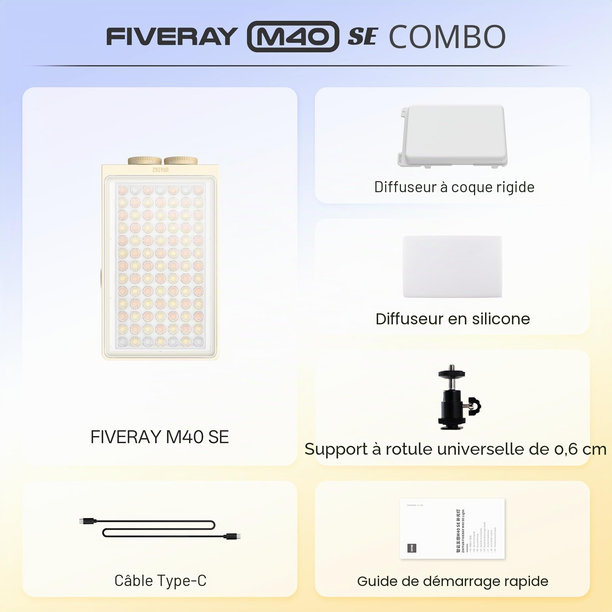 ZHIYUN FIVERAY M40 SE Combo [Official] Panneau LED, 17100 Lux, 2700–8500K, CRI≈95, TLCI ≥ 97, 84 LEDs, 250g, Lumière Vidéo Portable pour Youtube TikTok Livestream