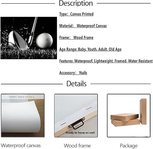 Miniatura 3 de Lienzo impreso en blanco y negro, póster de golf, cuadro de arte de pared, pelota de golf, pintura de lona deportiva para gimnasio, sala de estar,