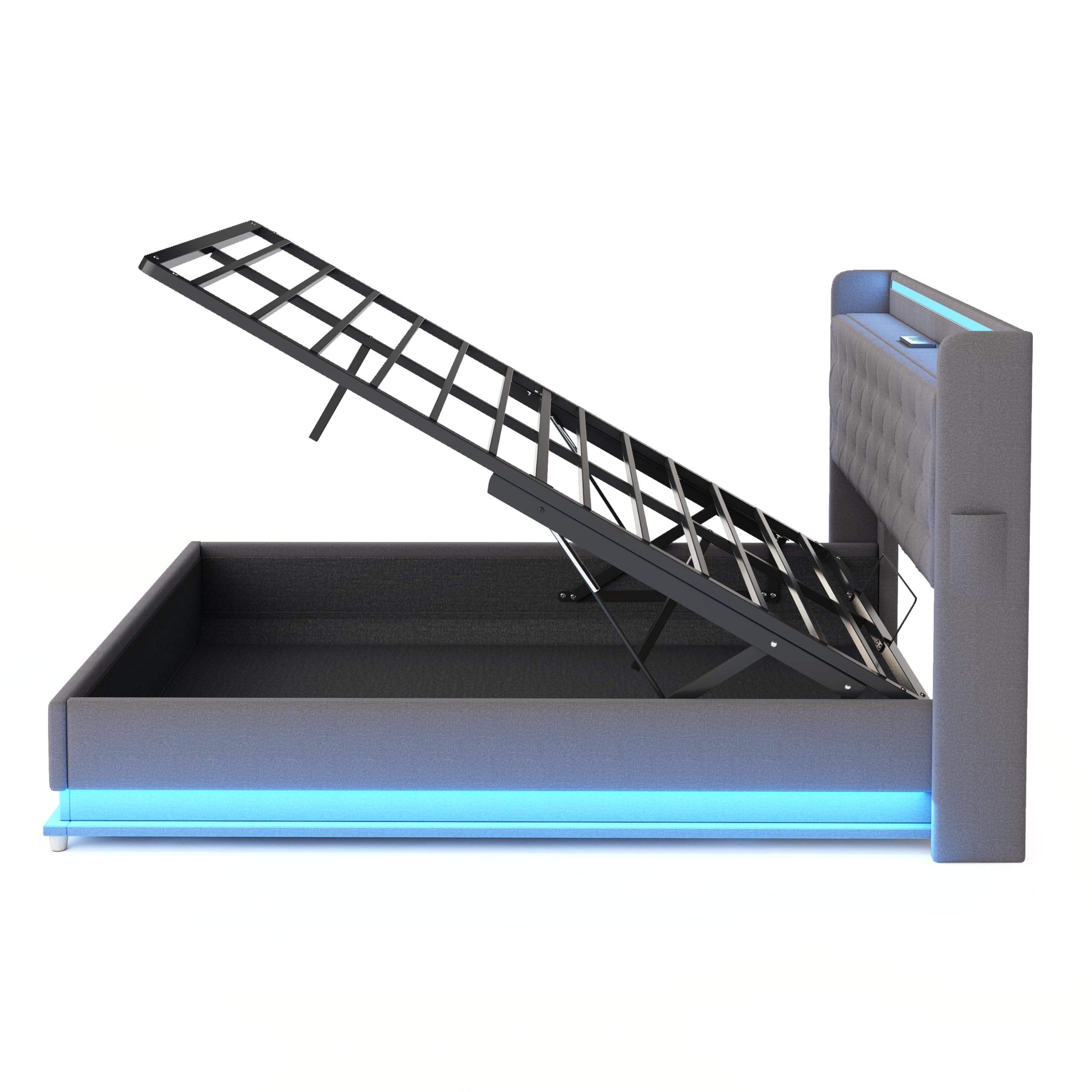 Cama Matrimonio 160x200 cm, Cama Tapizada con USB y Iluminación LED, Estructura Cama Doble con Almacenaje Hidráulica, Camas Matrimoniales con Láminas de Metálicas, Lino, Gris, Sin Colchón