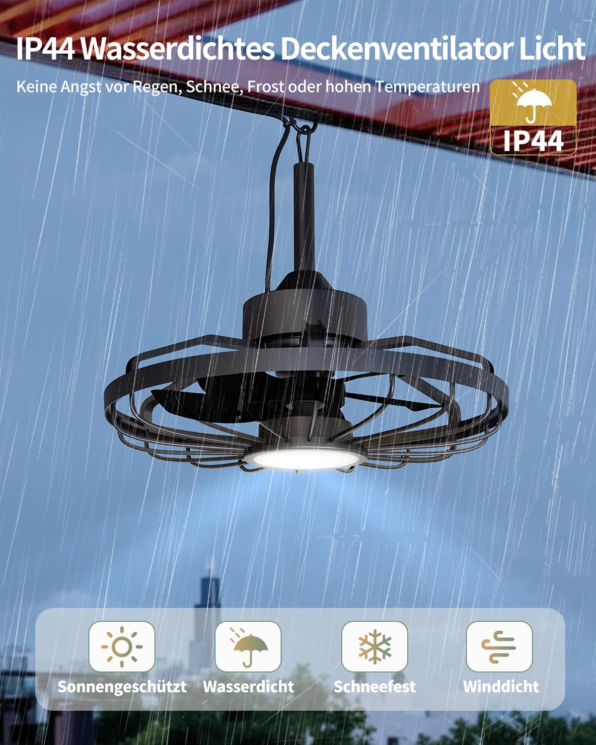 Deckenventilatorleuchte für den Außenbereich, Außenlicht mit Ventilator, IP44 Wasserdicht, 6 Lüftungsgeschwindigkeiten, mühelose Lichtdimmung, für Terrassen, Pergolen, Wohnzimmer, Esszimmer