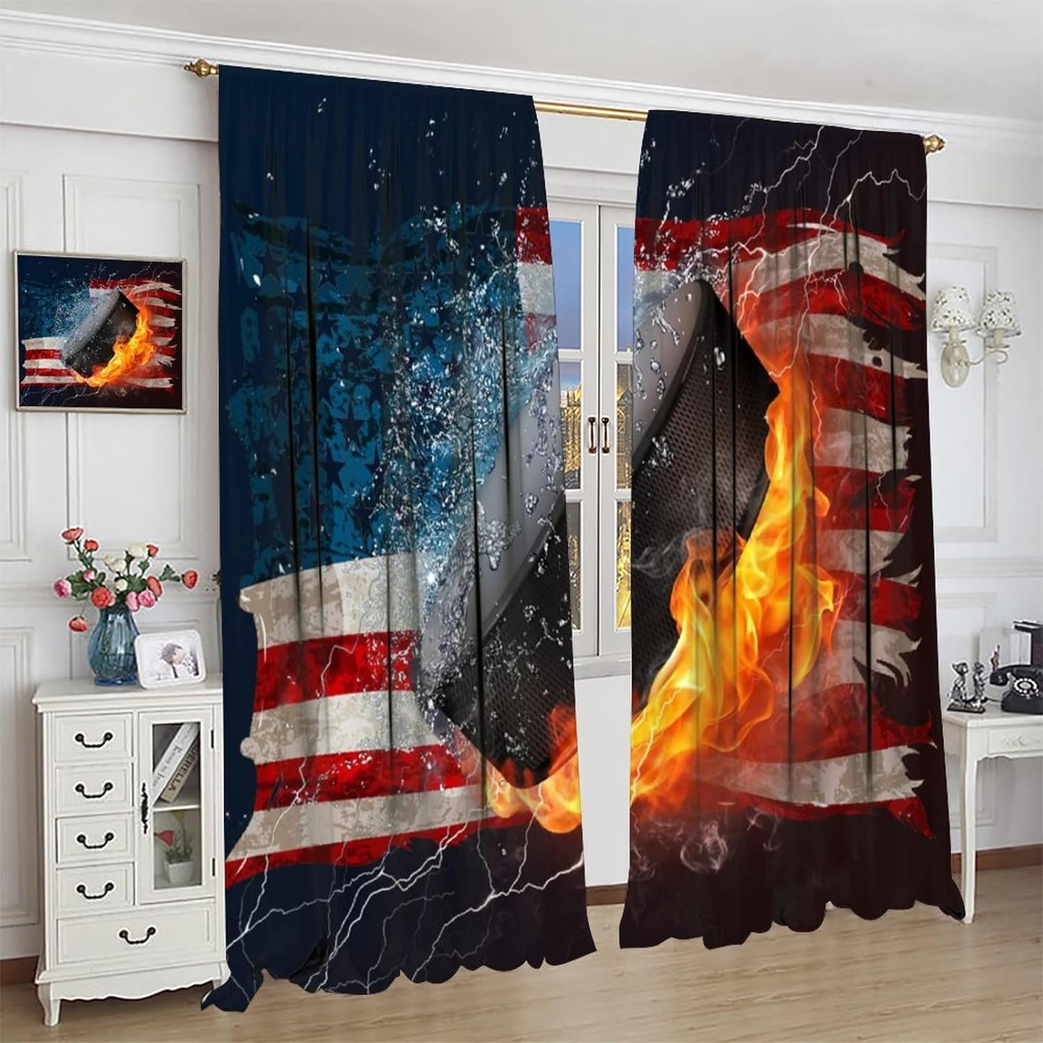 Ice Hockey Rod Pocket Blackout Curtains for Living Room,Thermal Insulated Room Darkening Boys Teens Sports Game Water Flame Mist American Flag Curtains,2 Panels 63L x 36W 2 Panels