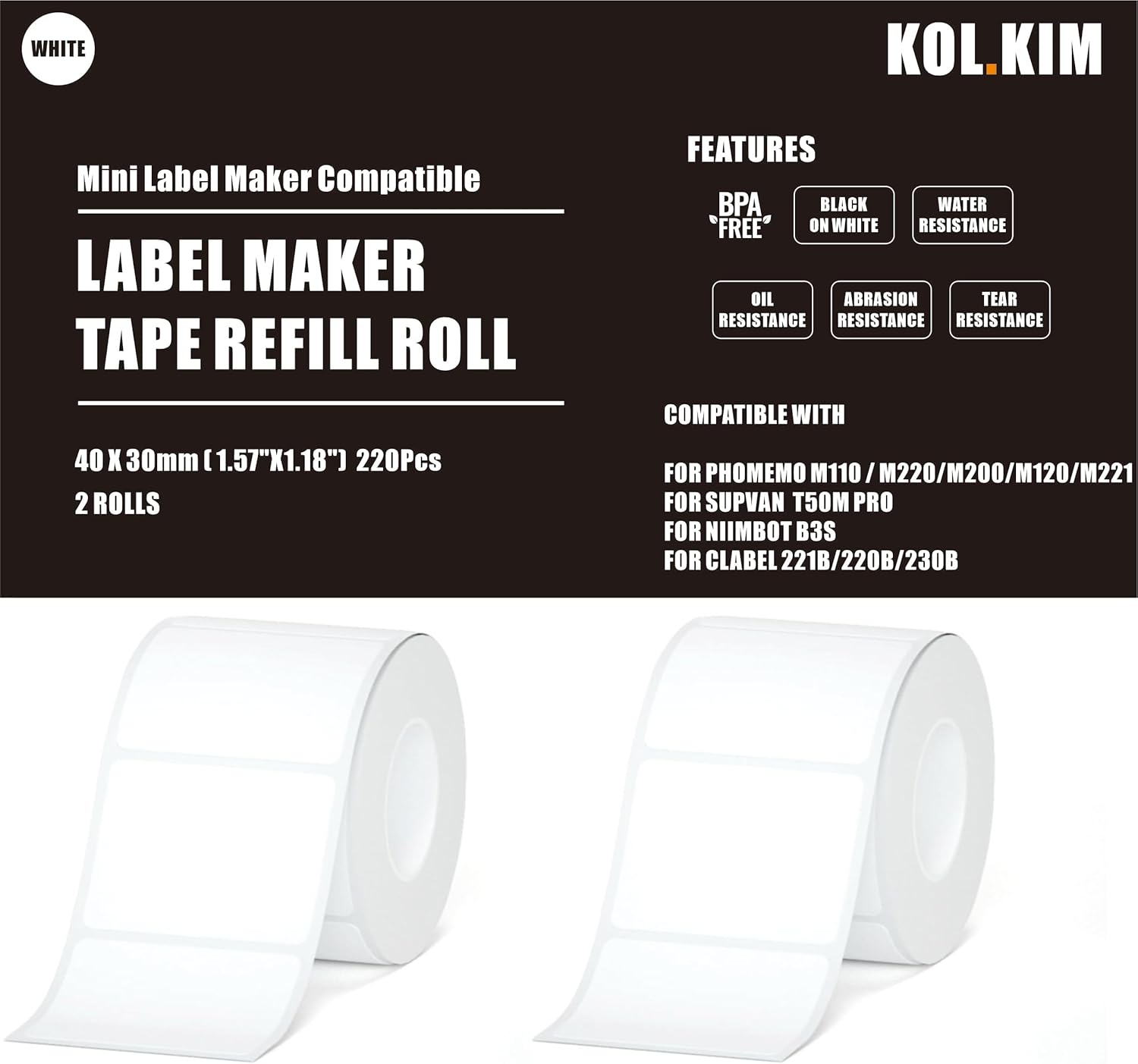M110 Thermal Labels, 1.57''x1.18'' Compatible for Phomemo Printer M110 M220 M200 M120 M221 Labels Print Master Refill for NADA Print N20 Label Refill Clabel 221B 40x30mm 2 Rolls White - Image 6