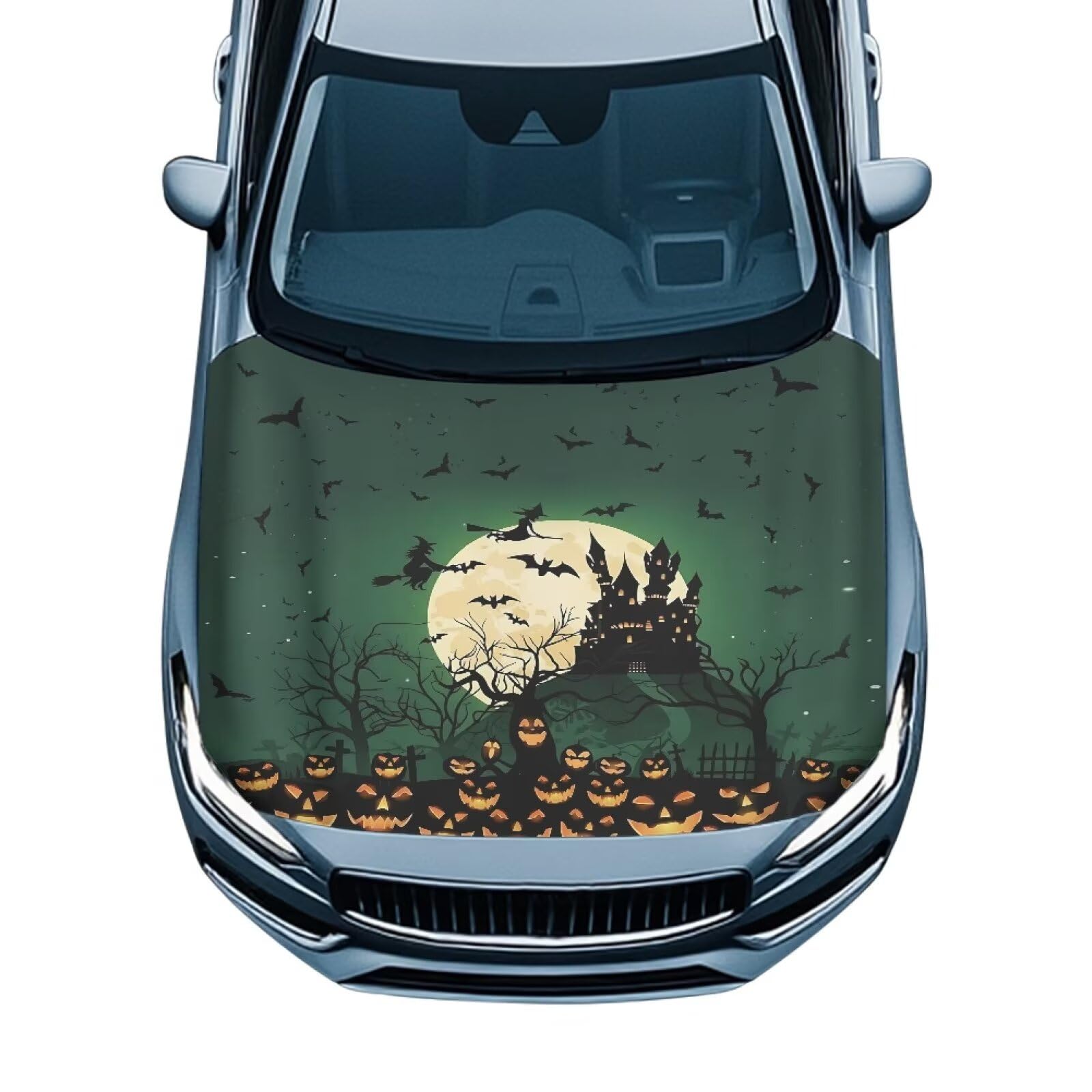 Green Spooky Witch Castle Print Car Hood Cover Protector 59×39 Inch Stretchable Auto Hood Wraps Waterproof Halloween Automotive Exterior Accessories for Most SUV Sedans Trucks