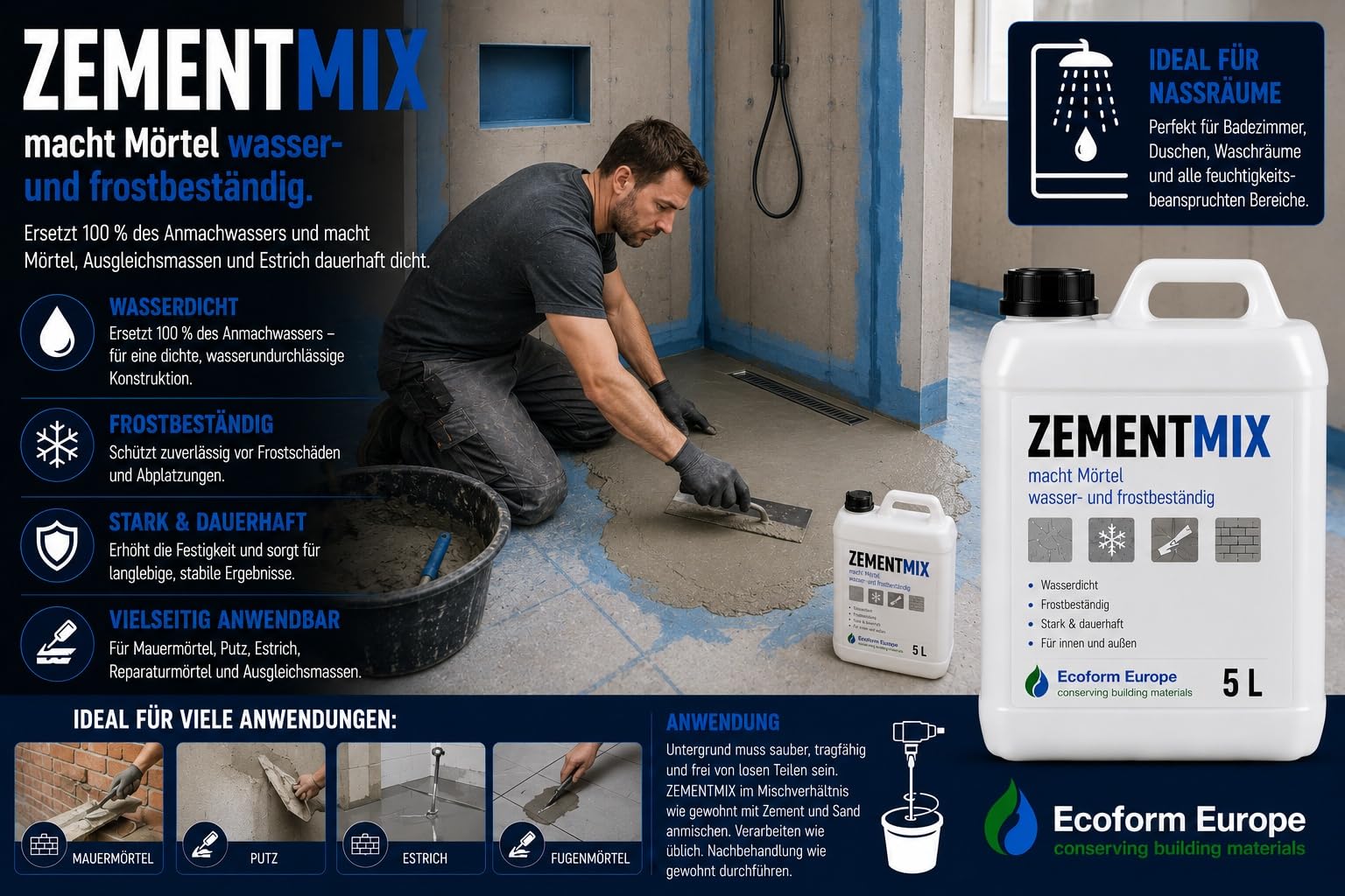 Zementmix 25 Liter – Beton wasserdicht machen – Zementzusatz gegen Feuchtigkeit – Für Keller, Beton, Mörtel und Estrich