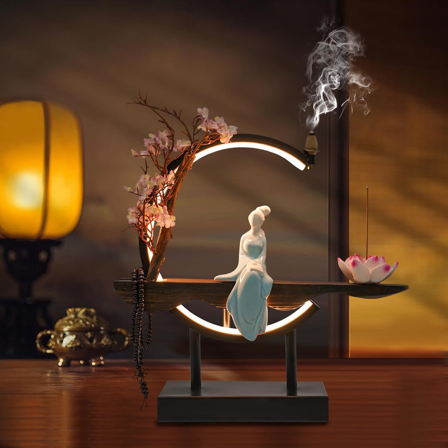 Backflow Incense Holder with LED Light Ring Chinese Style Handmade Flower Censer Incense Burner Home Decor Ornament Incense Holders with Backflow