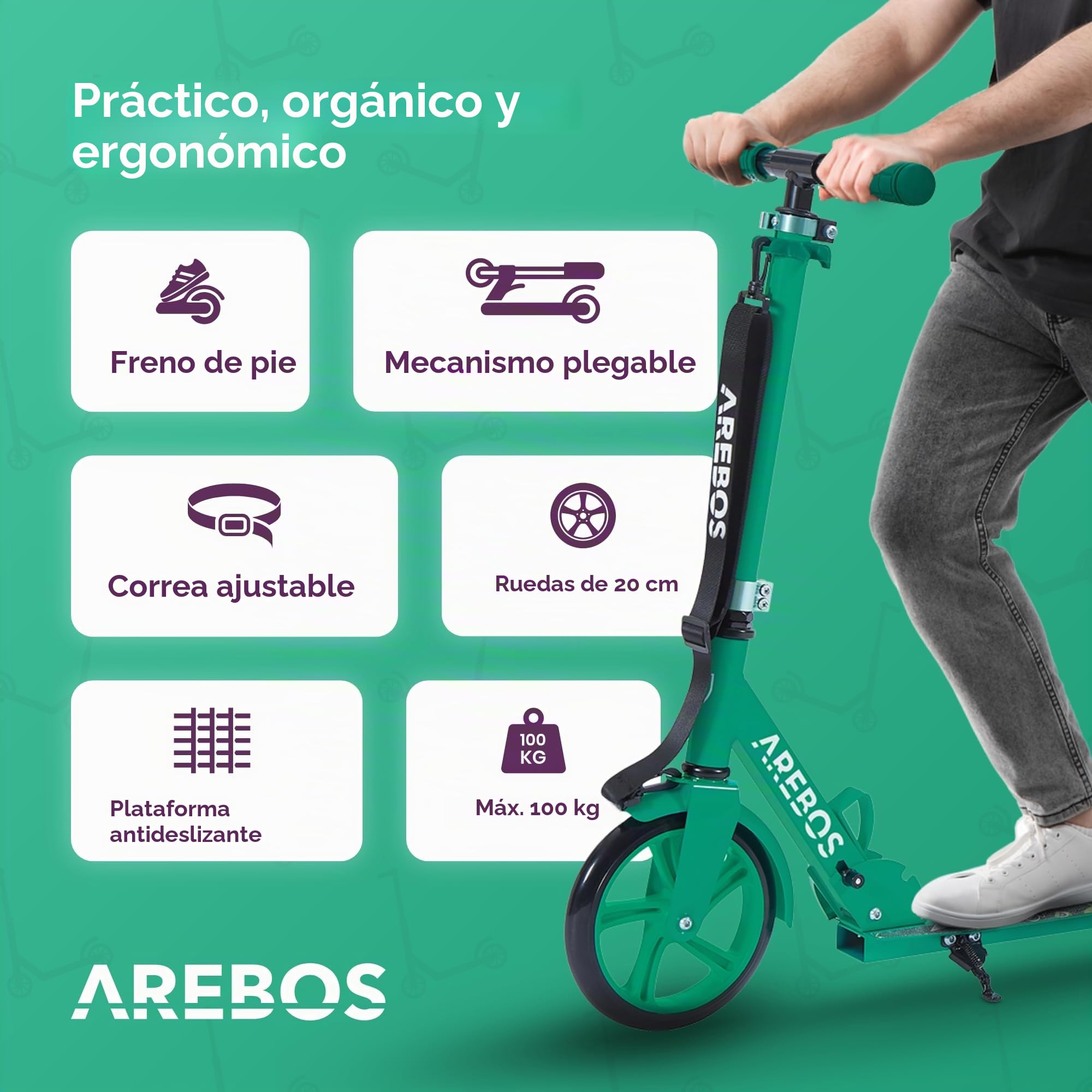 Arebos City Scooter Patinete a Pedales Patinete Regulable en Altura | Plegable | Incl. Correa de Transporte | Ruedas XXL | Freno de Pedal |para niños y Adultos |100kg de Capacidad de Carga