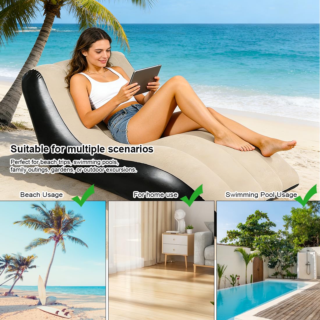 Aufblasbares Sofa, Aufblasbarer Sessel, Luftsofa, Campingsofa, Tragbare Flocking Aufblasbare Couch mit Beflockter Oberfläche für Outdoor Camping Strand Wohnzimmer (Khaki-A)