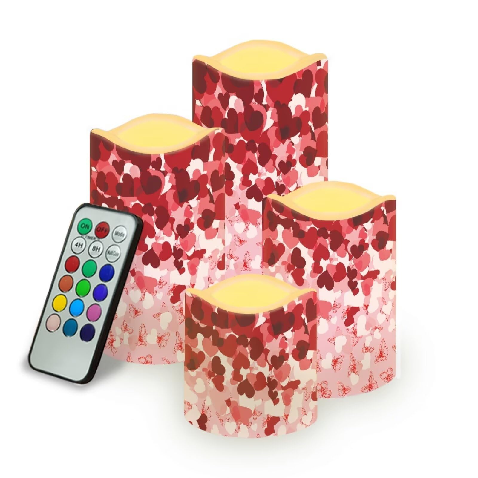 Red Pink Heart Pattern Flickering Flameless Candles with Remote LED Pillar Candles Battery Operated with Timer Color Changing Electric Candles Valentine's Day Decoration