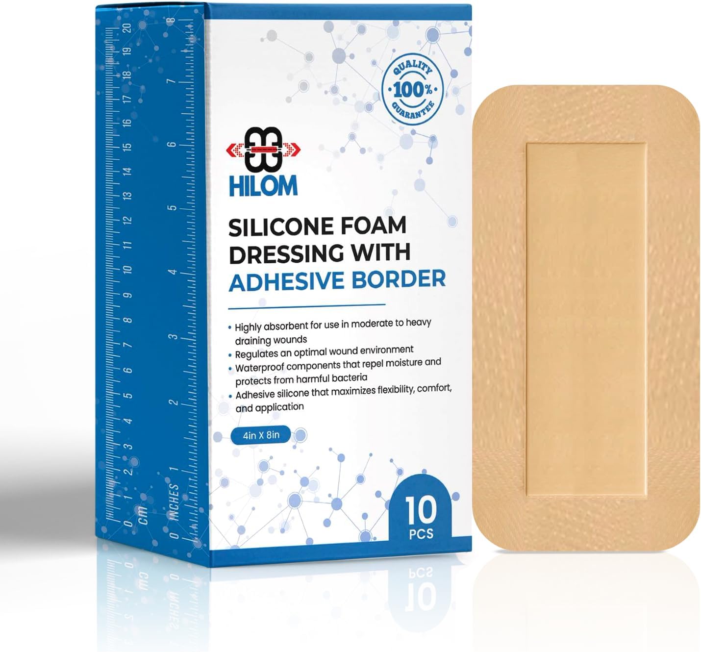 Silicone Foam Dressing with Adhesive Border 4 in x 8 in (10 Pack) Waterproof Dressing, Latex Free for Moist to Heavily Draining Wounds…