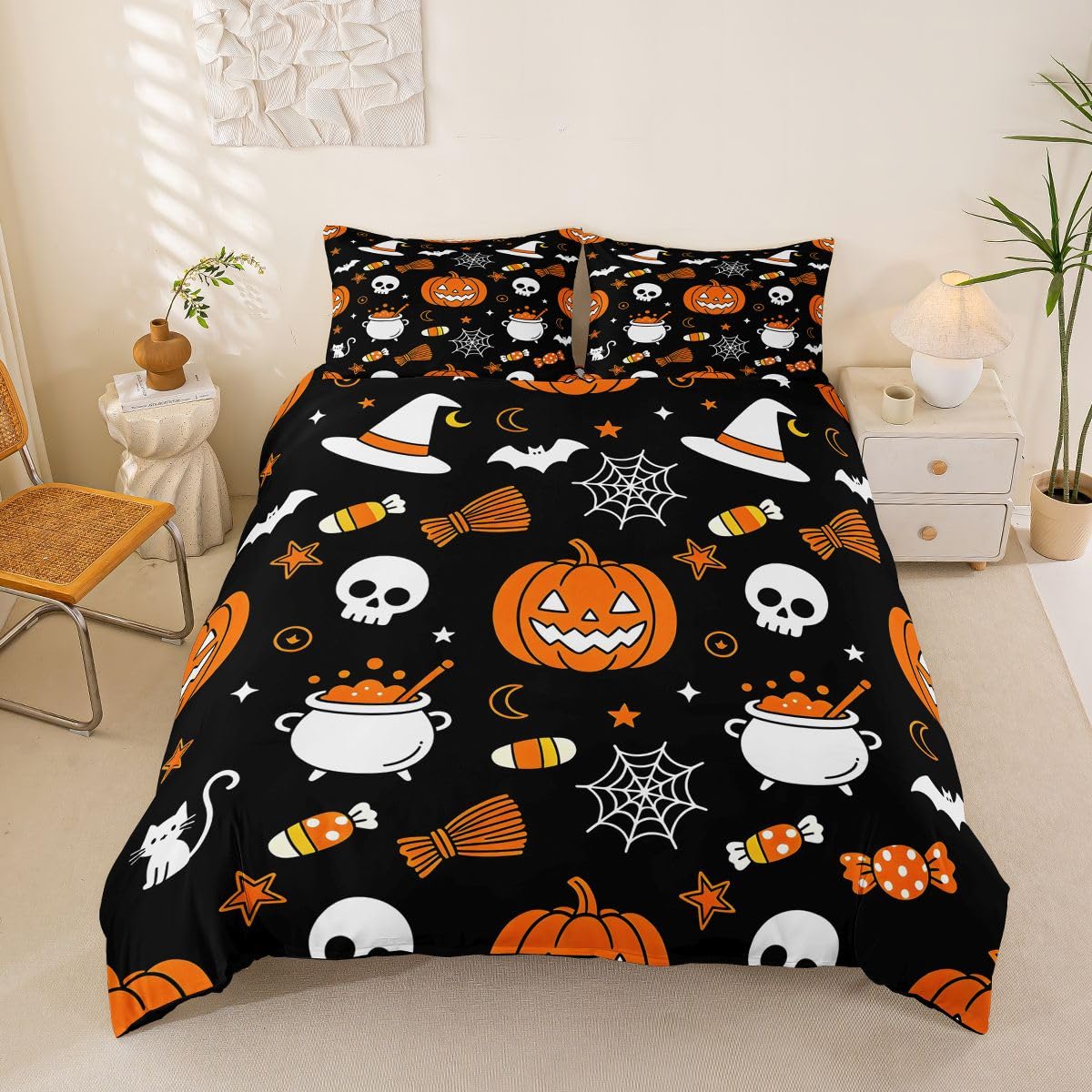 Loussiesd Happy Halloween poszewka na kołdrę super king size uroczy duch dynia kot pajęczyna zestaw pościeli dla chłopców dziewcząt cukrowa czaszka poszewka na kołdrę sypialnia dekoracja 3 szt. zamek