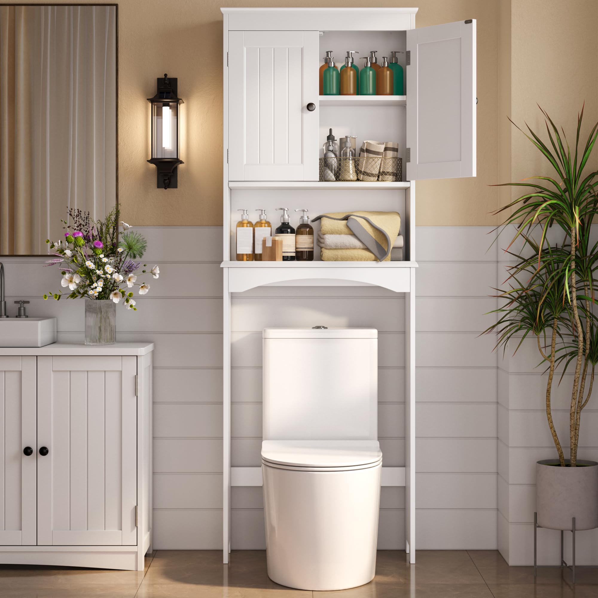 Armadio sopra WC per bagno, scaffale WC bianco con ripiani regolabili, mobile freestanding con ante, struttura robusta, 168 x 60 x 24 cm