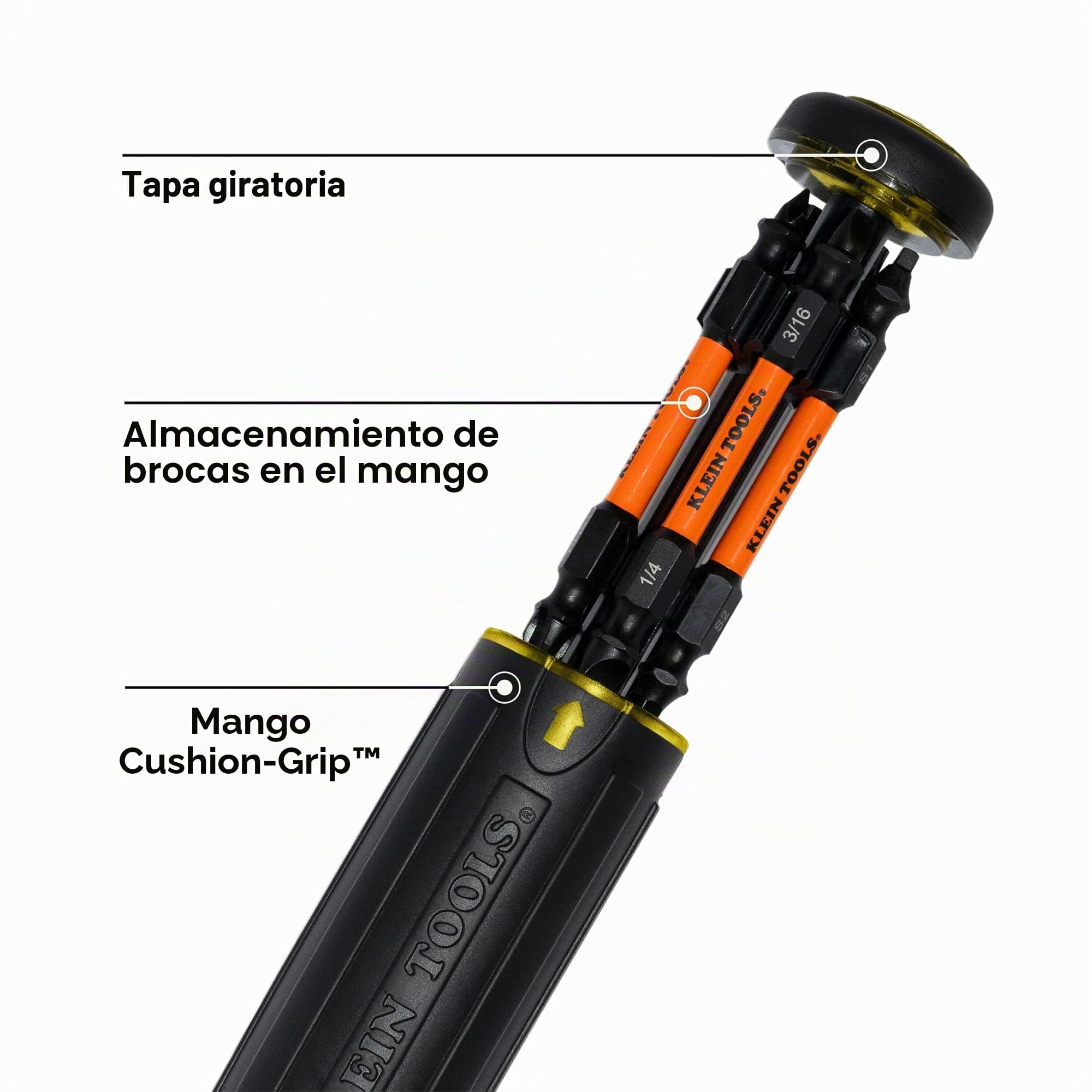 Klein Tools - Destornillador de trinquete 15 en 1 con puntas múltiples, apto para impacto, incluye 7 puntas de doble filo ProFlex Torsion, punta hexagonal de 6,35 mm para tuercas, juego de 8 unidades