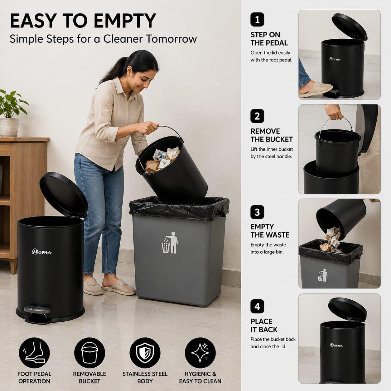 Stainless Steel Pedal Bin - Touch Free Wastebasket -5