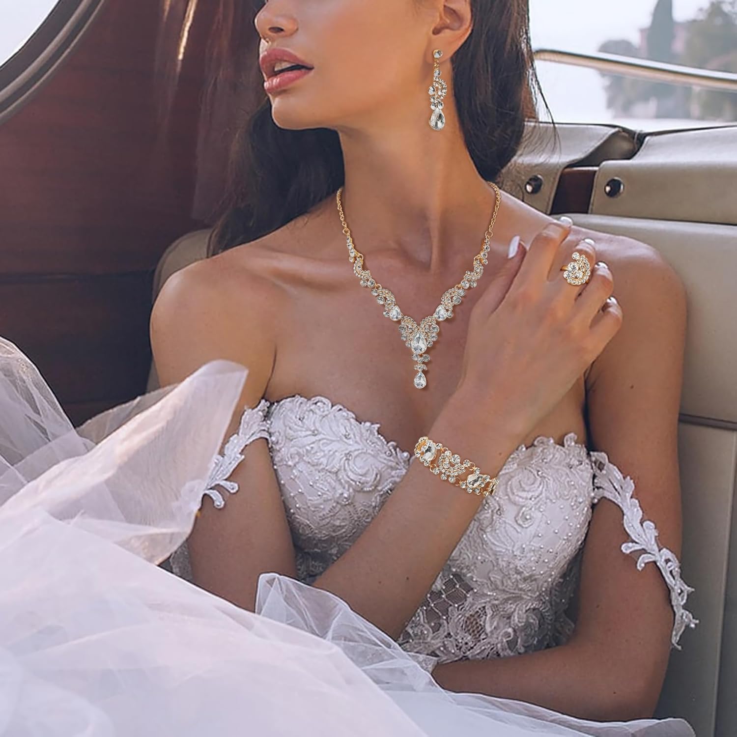 EVER FAITH Rhinestone Crystal Bridal Floral Wave Teardrop Necklace Earrings Set