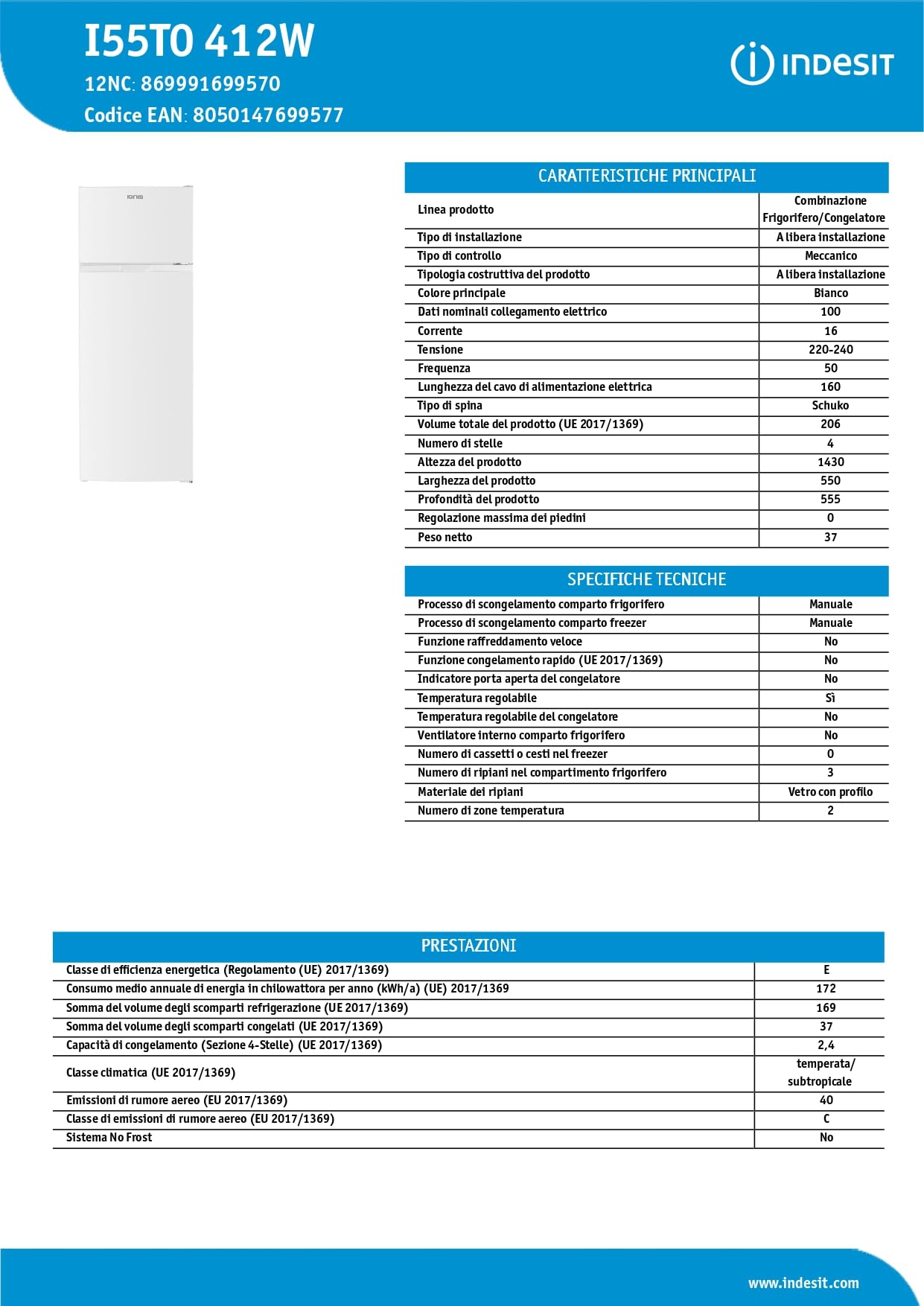 Indesit I55T0 412W – Frigorifero Doppia Porta 206L, Libera Installazione, Classe E, Bianco, Cassetto FreshSpace – 143x55x55,5 cm (AxLxP)
