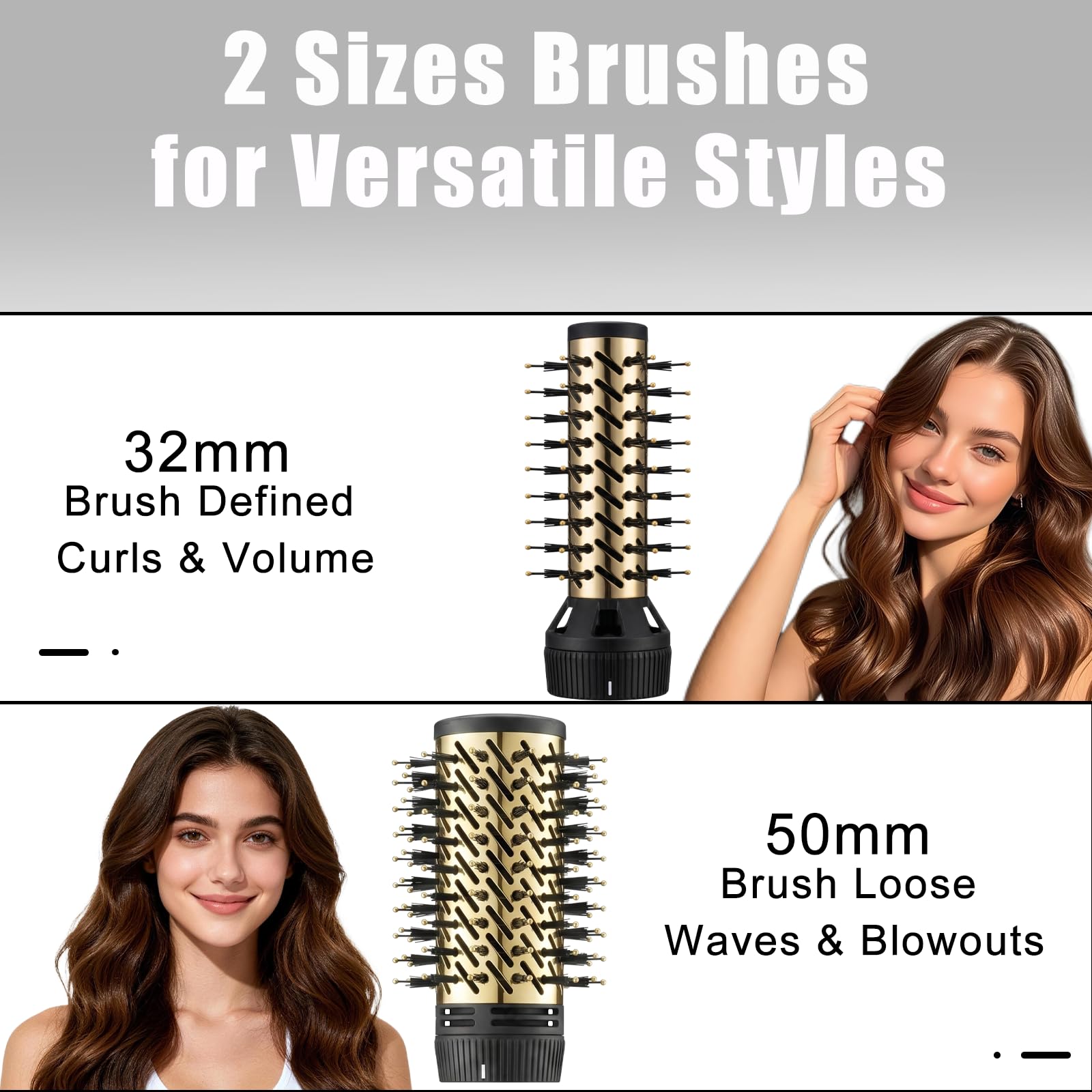 VGR 480 Spazzola Asciugacapelli Rotante 2 in 1 setole 32 mm e 50 mm, Spazzola ad Aria Calda Automatica, Spazzola Elettrica styling capelli 1200 W cavo girevole 360°, Nera