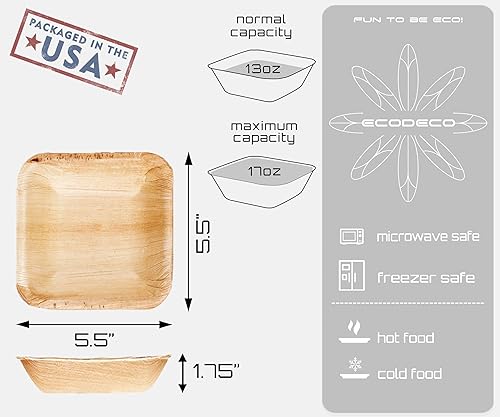 Miniatura 2 de 100 cuencos cuadrados desechables de hoja de palmera, 5 pulgadas, compostables, ecológicos, como platos de fiesta de bambú para sopa caliente o