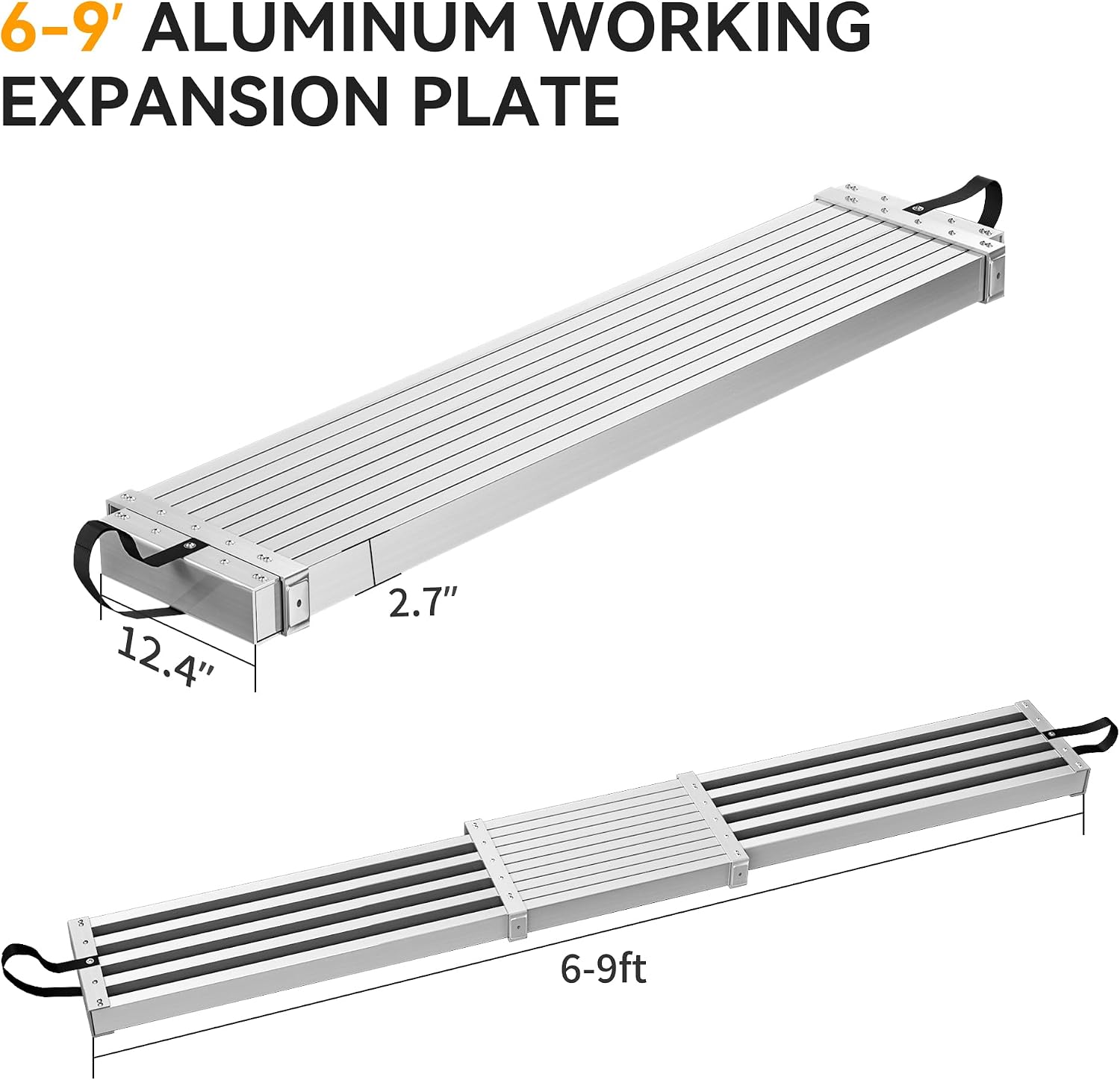 YINTATECH Extendable Aluminum Plank, Upgraded Ladder Scaffolding Planks, 6-9 ft Adjustable Length, 12.5 in Wide, Telescoping Work Plank with Skid-Proof Platform, 440lbs, Silver