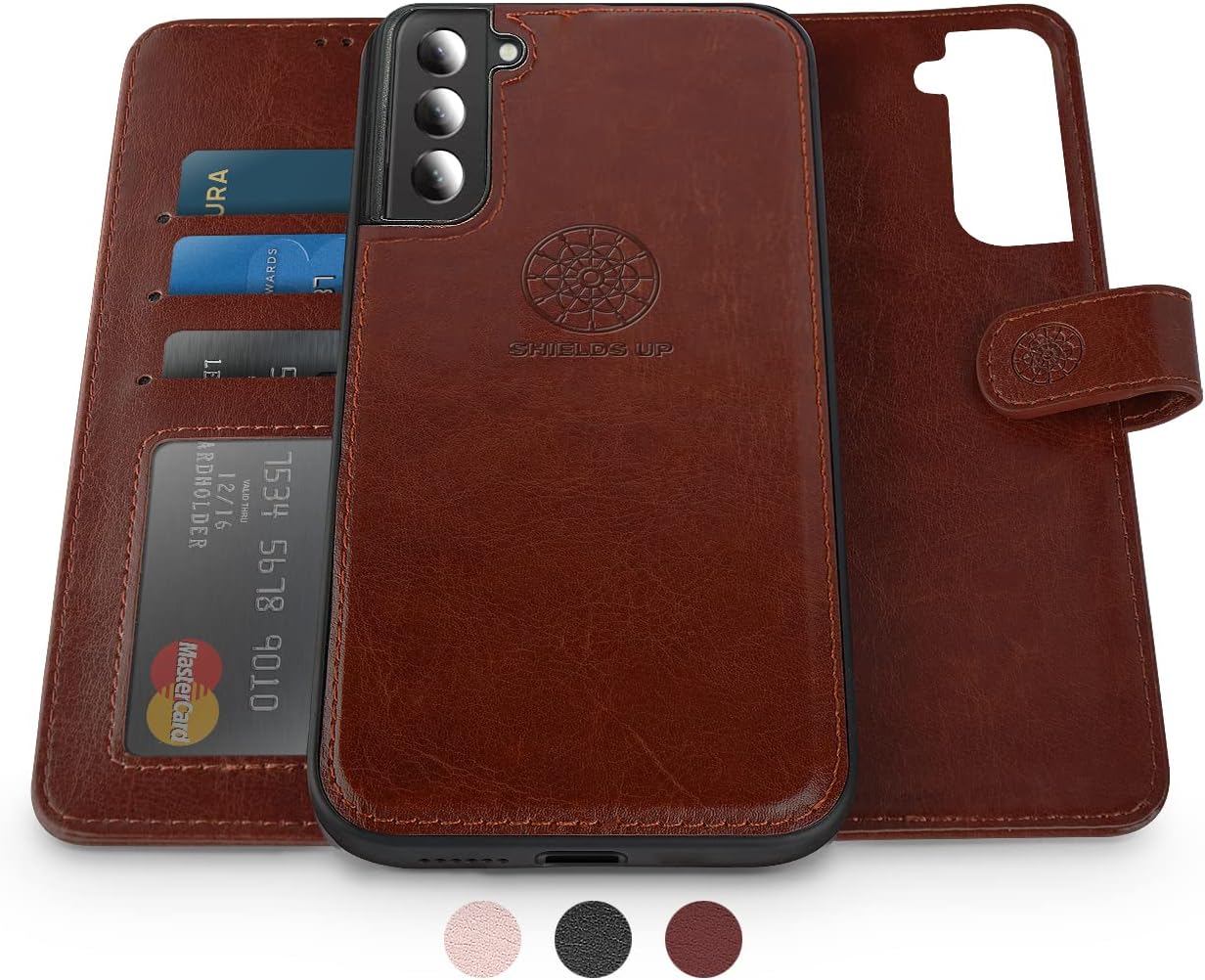 Shields Up for Galaxy S22 Case, [Detachable] Magnetic Wallet Case, Durable and Slim with Card Holder & Wrist Strap, [Vegan Leather] Cover for Samsung Galaxy S22 5G - Brown