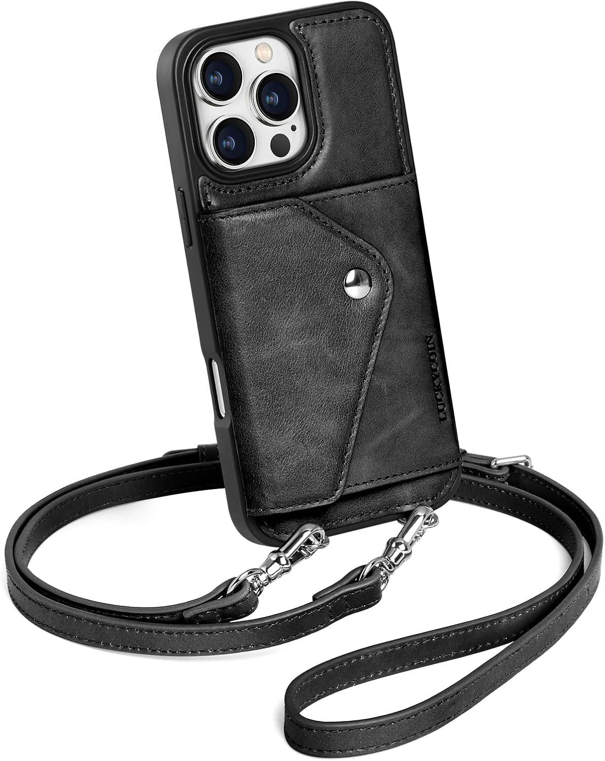 LUCKYCOIN Crossbody Wallet Phone Case for iPhone 16 Pro Max, Genuine Phone Case with Expandable Wallet Card Holder & Adjustable Removable Crossbody Strap, Phone Purse with Card Slot - Retro Black