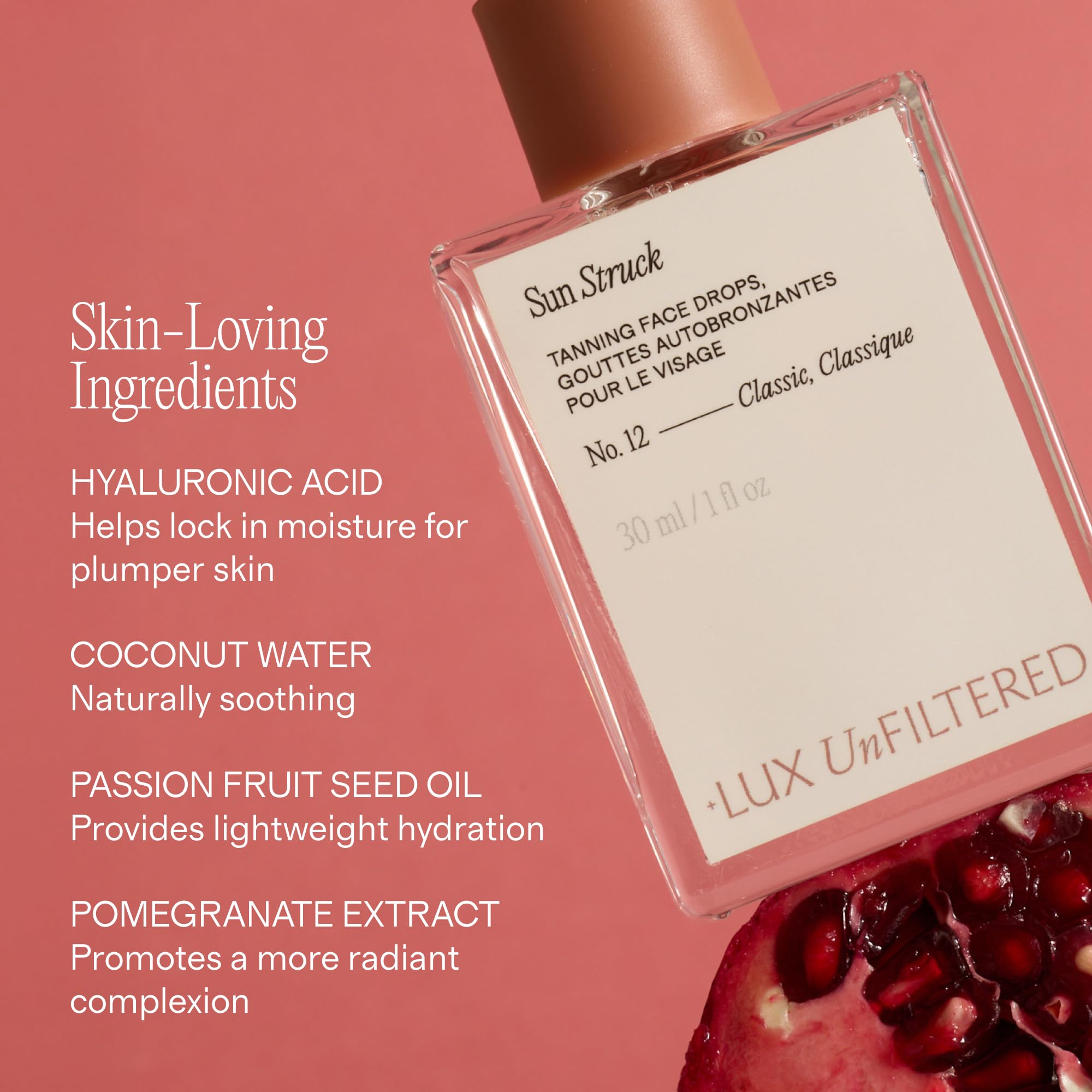 + Lux Unfiltered N°12 Sun Struck - Gotas bronceadoras para la cara, autobronceador gradual, brillo natural, sin rayas, sin fragancia, ácido hialurónico y vitamina E, vegano y libre de crueldad animal