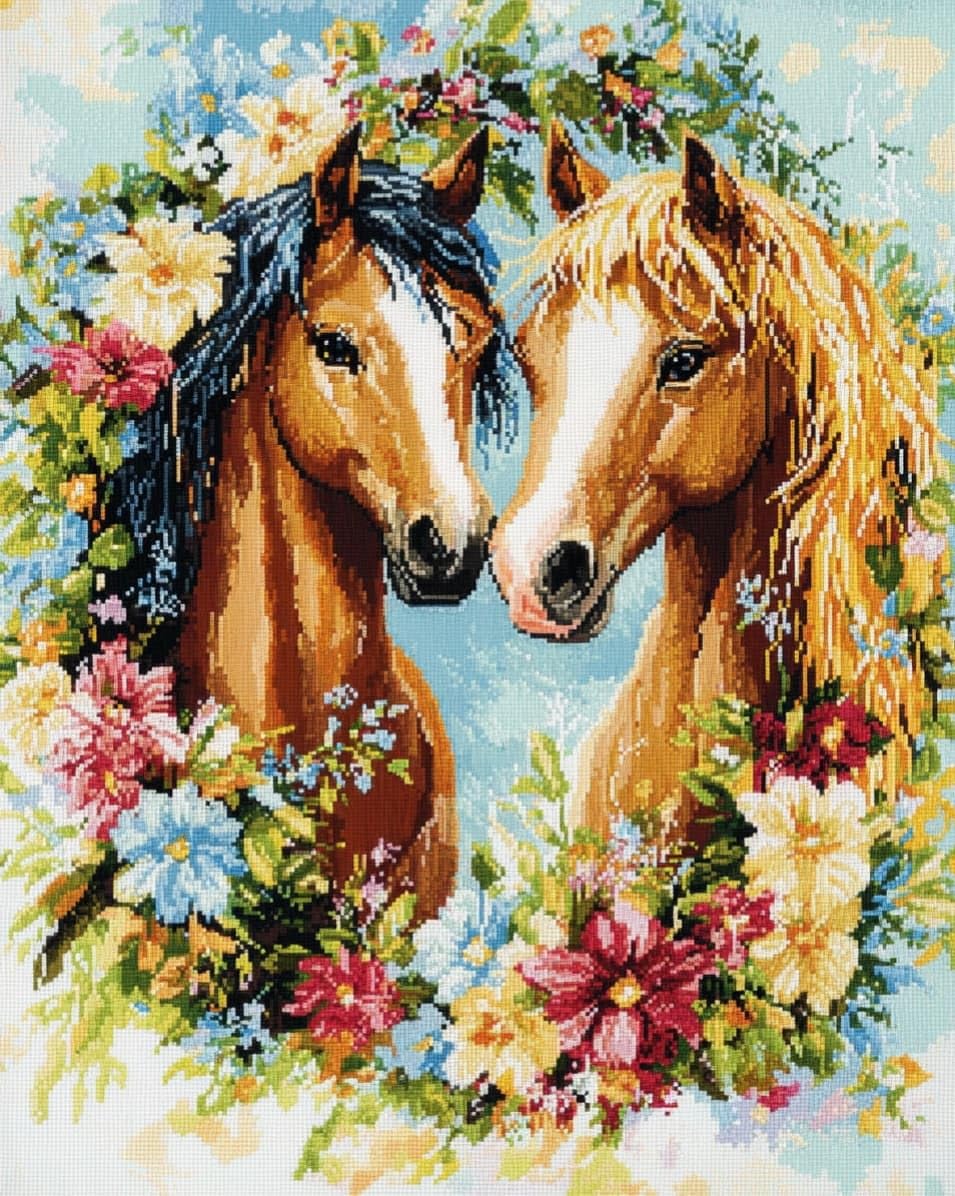 WallustrioaW DIY Stamped Cross Stitch Kits for Beginners,Two Horses,11CT Needlepoint Embroidery Cross Stitch Kits Art Craft Wall Decoration,40x50cm