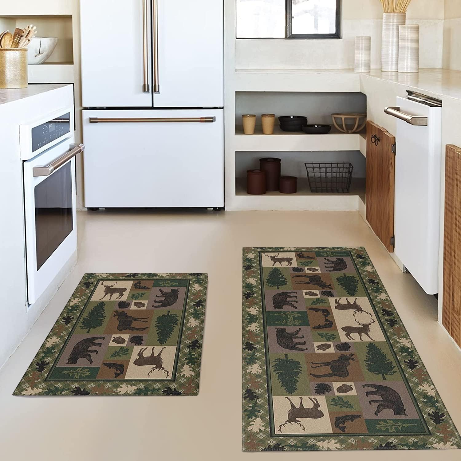 Faptoena Kitchen Rugs and Mats Sets of 2,Western Texas Wildlife Retreat Kitchen Decoration Non-Slip Absorbent Mats for Sink Waterproof Runner Rug for Laundry Room,17x30+17x48inch
