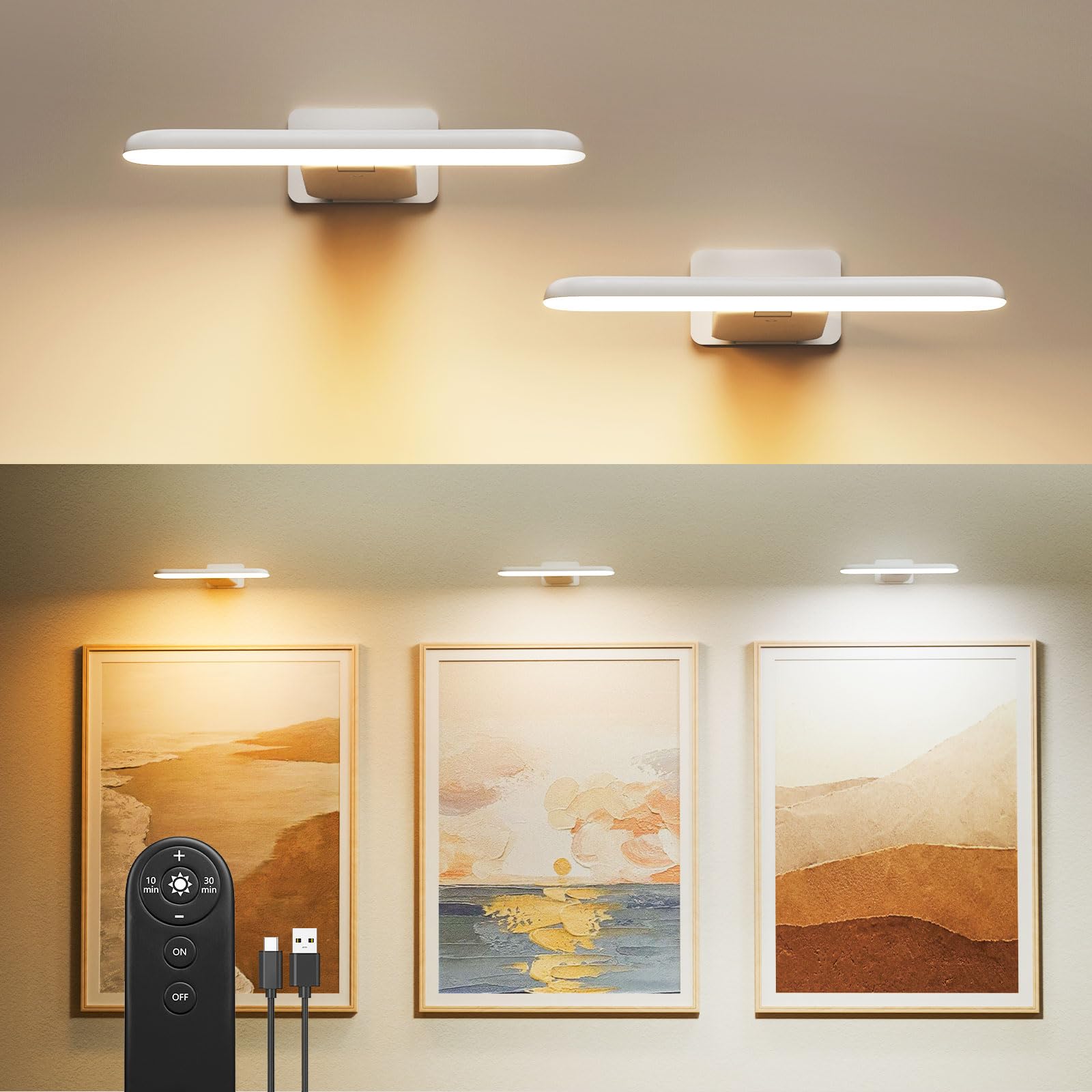 FULEN Picture Lights Battery Operated, Rechargeable Picture Frame Lights for Wall, LED Cordless Wall Lights for Arts,Paintings,GalleryDartboard,3 Color Temperatures, Remote Control,White,2 Pack