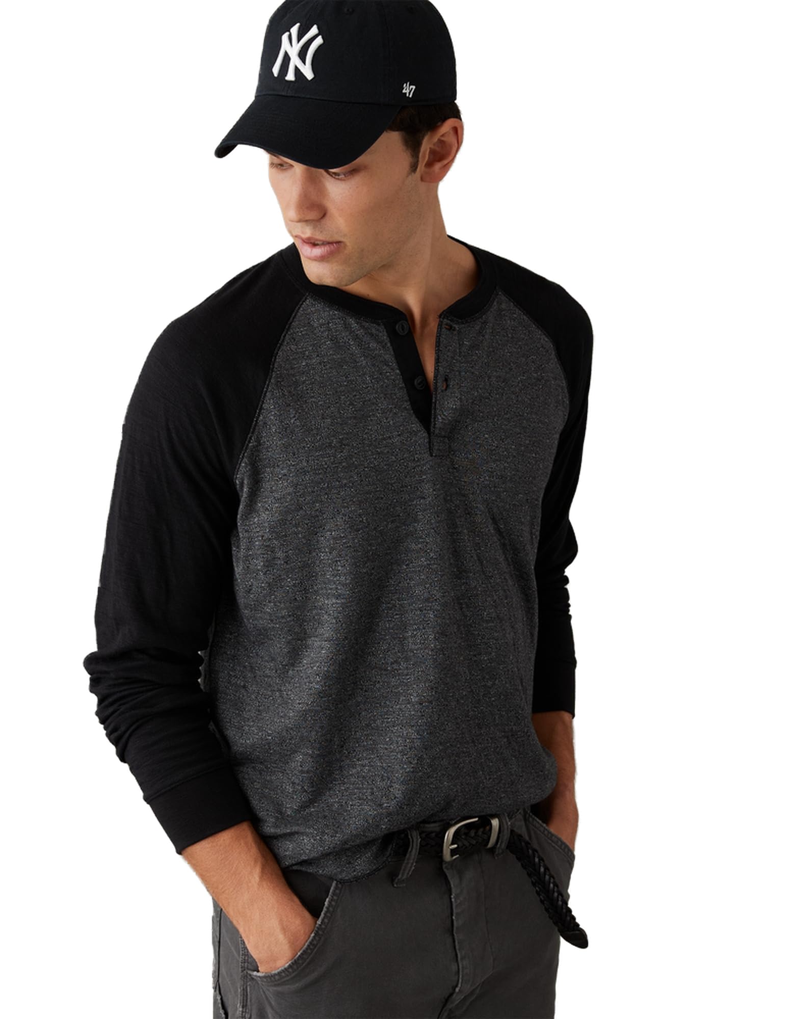 American EagleMens U-4171-3369-001 Super Soft Legend Long-Sleeve Raglan Henley T-Shirt L Black