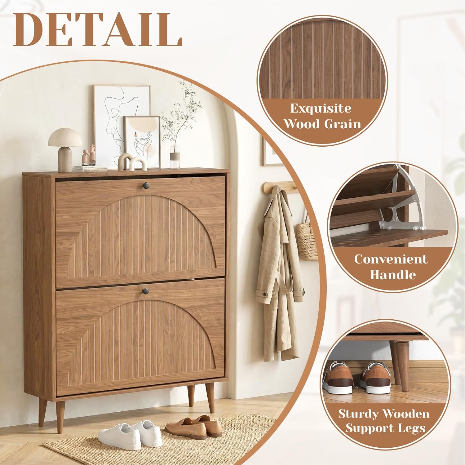 Go Beyond Shoe Storage Cabinet with 2 Flip Drawers, Narrow Shoe Organizer with Fluted Panel, Freestanding Slim Shoe Rack for Entryway, Foyer, Hallway-Walnut