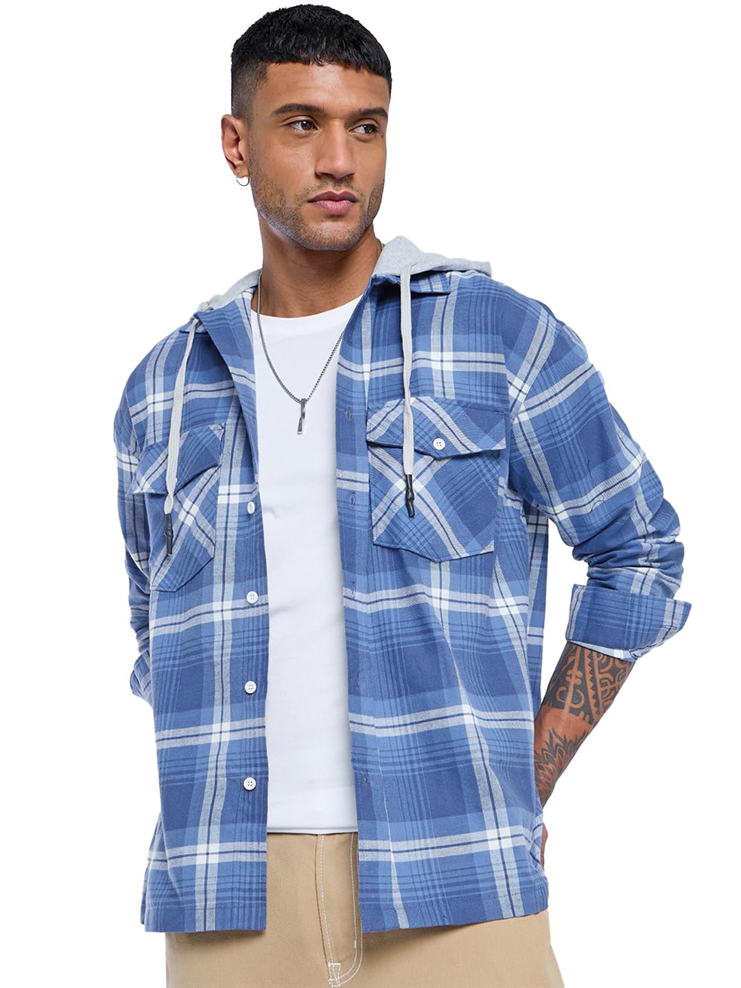bewakoof Men's Checked Oversized Fit Full Sleeve Hooded Cotton Twill Shirt-picture-31